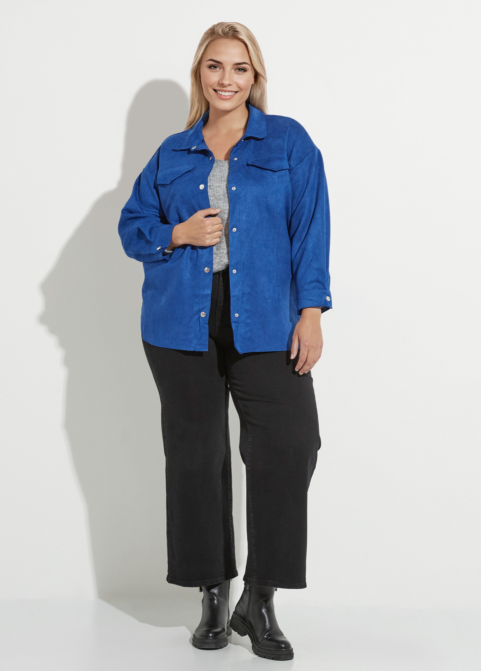 Surchemise en suédine poches poitrine Femme Grande Taille Bleu CHY-H016 SF1