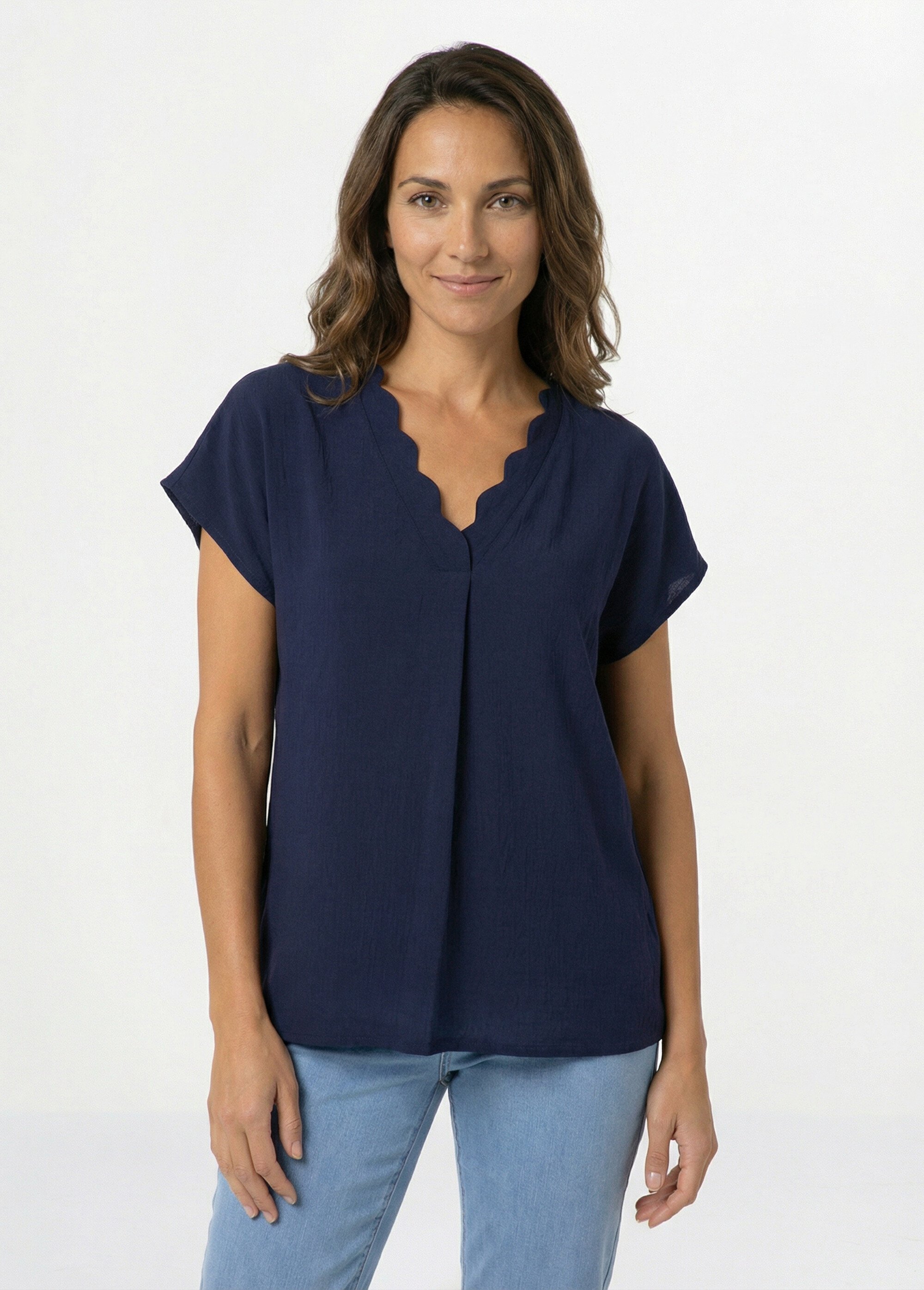 Top manches courtes col V festonné Femme Bleu CAMAURY FA1
