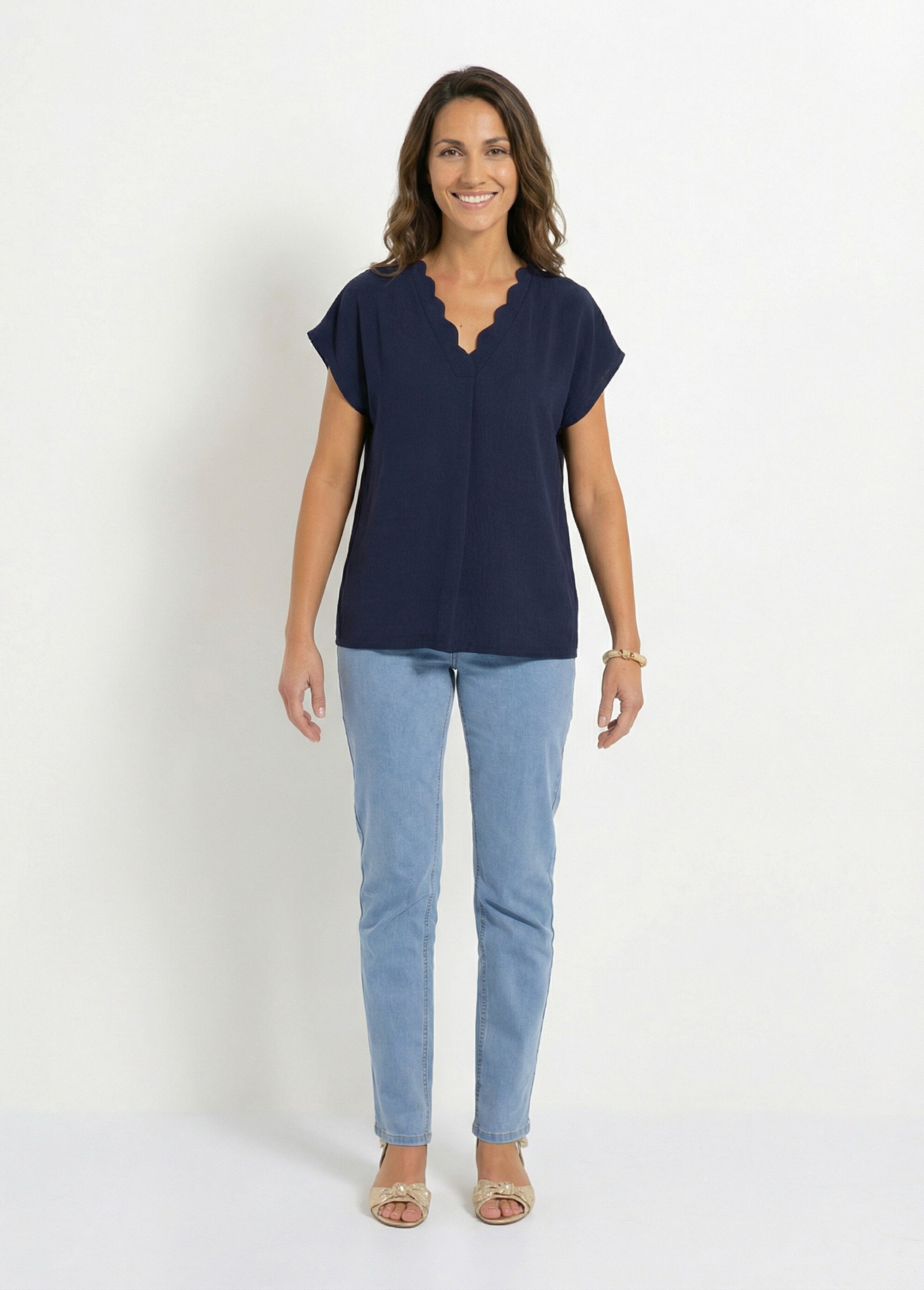 Top manches courtes col V festonné Femme Bleu CAMAURY SF1