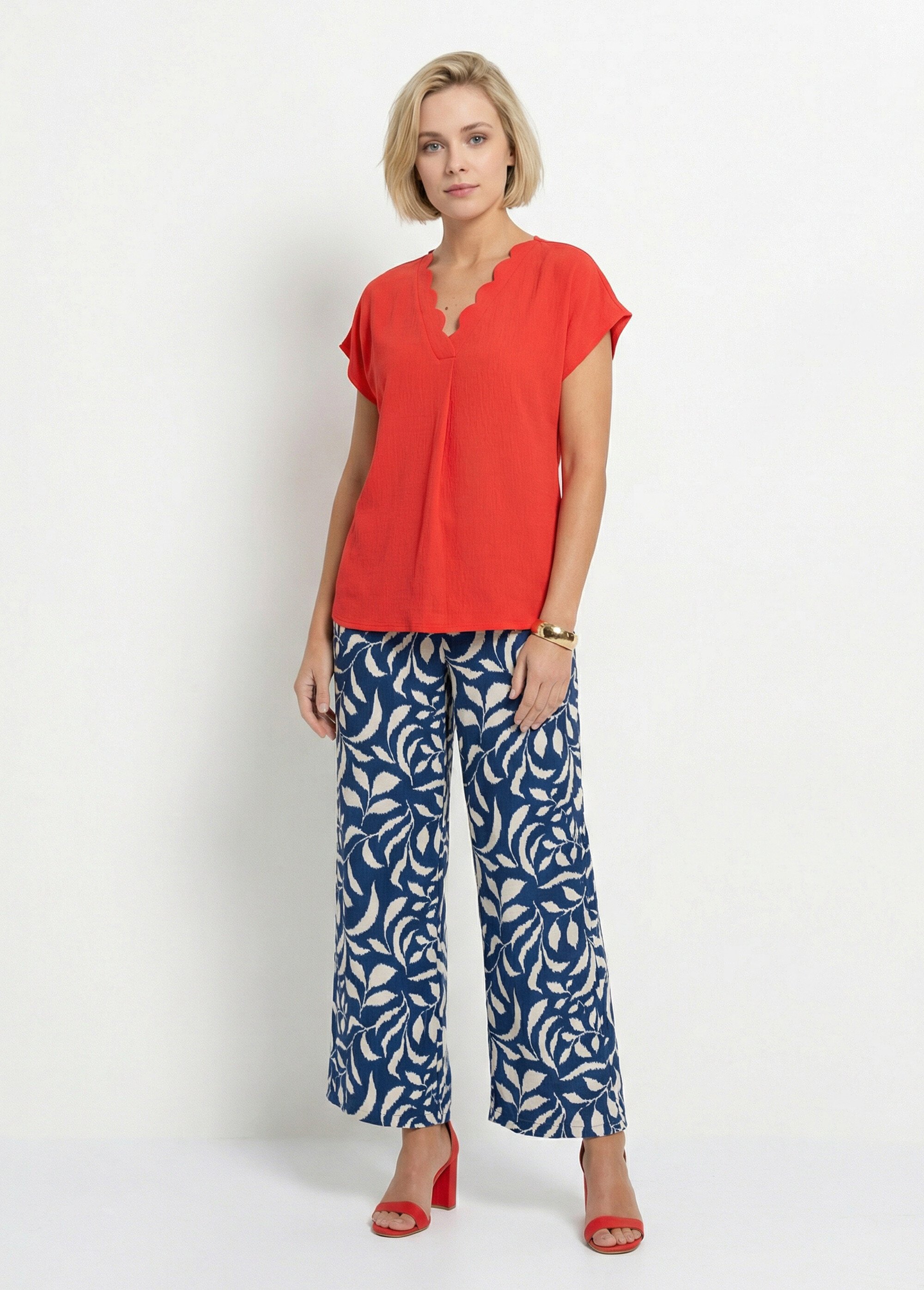 Top manches courtes col V festonné Femme Rouge CAMAURY SF1