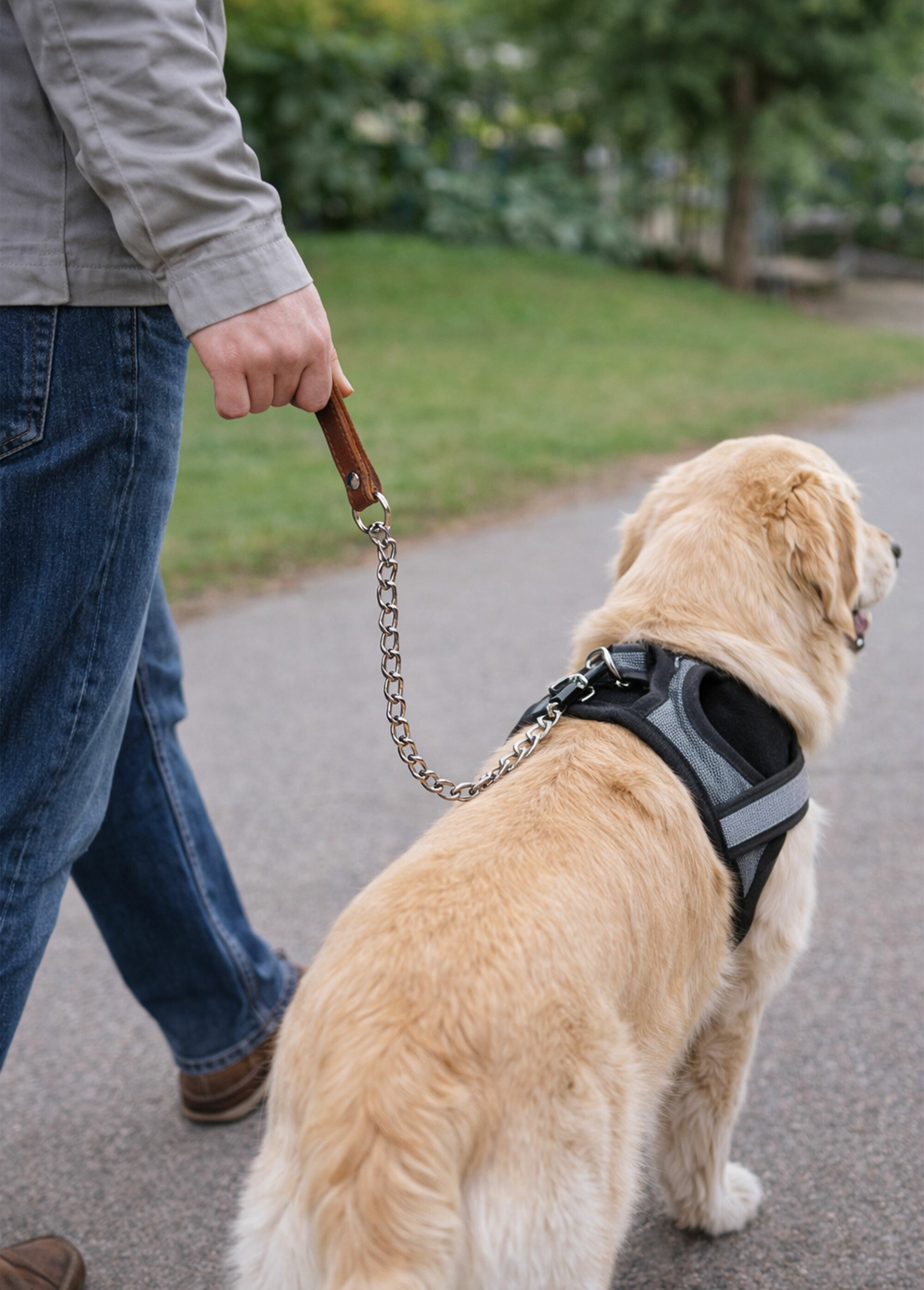 Laisse chaine métal et poignée cuir MARRON RIG-00005695EL SI1