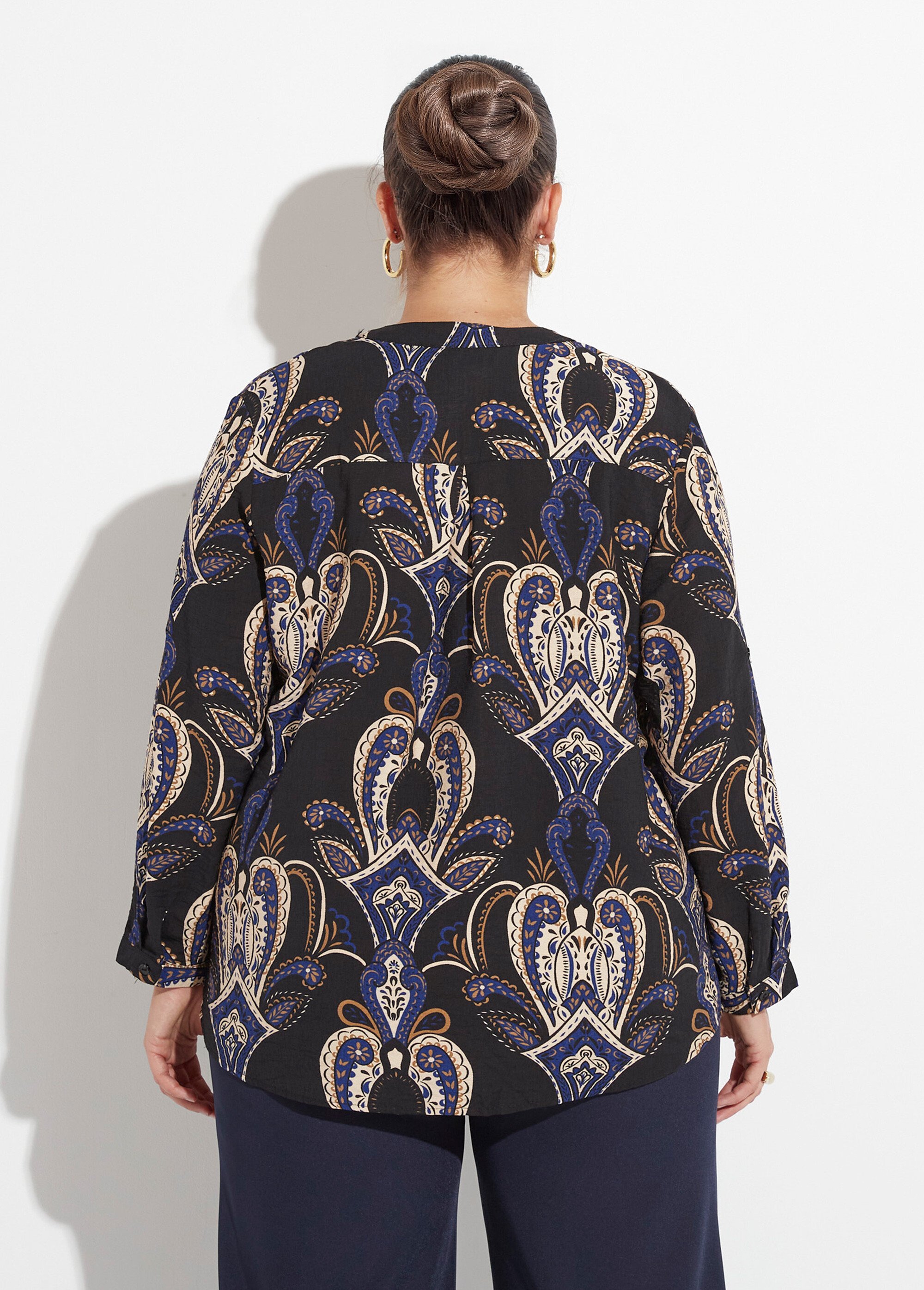 Blouse col V boutonné imprimé acanthes Femme Grande Taille Bleu CHY-F614 DO1