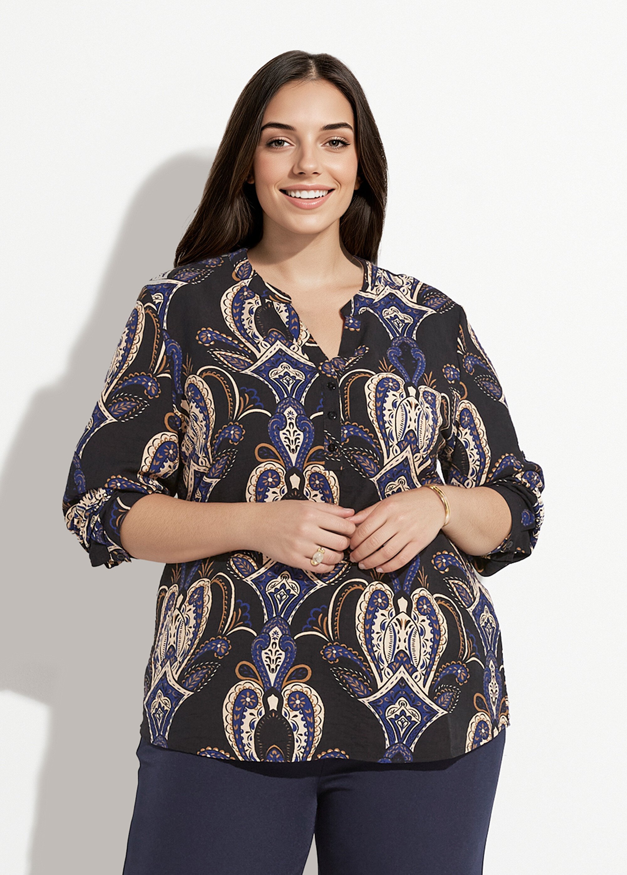 Blouse col V boutonné imprimé acanthes Femme Grande Taille Bleu CHY-F614 FA1