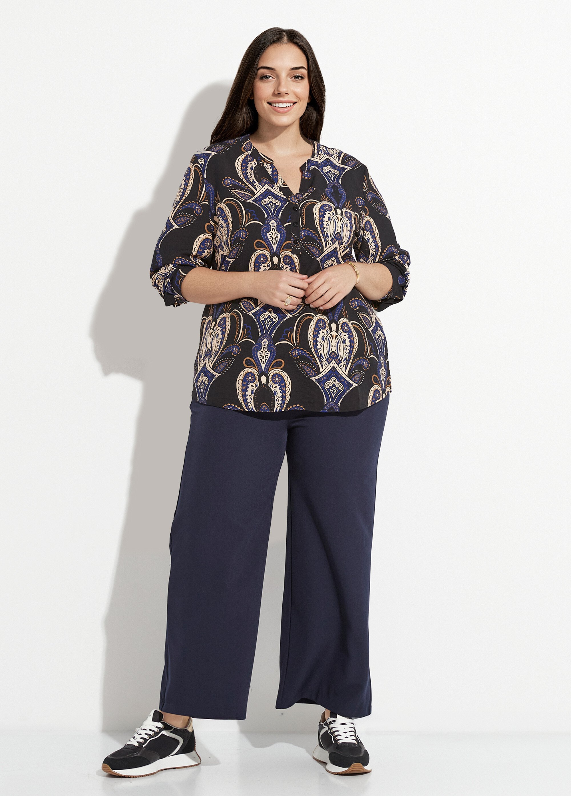 Blouse col V boutonné imprimé acanthes Femme Grande Taille Bleu CHY-F614 SF1