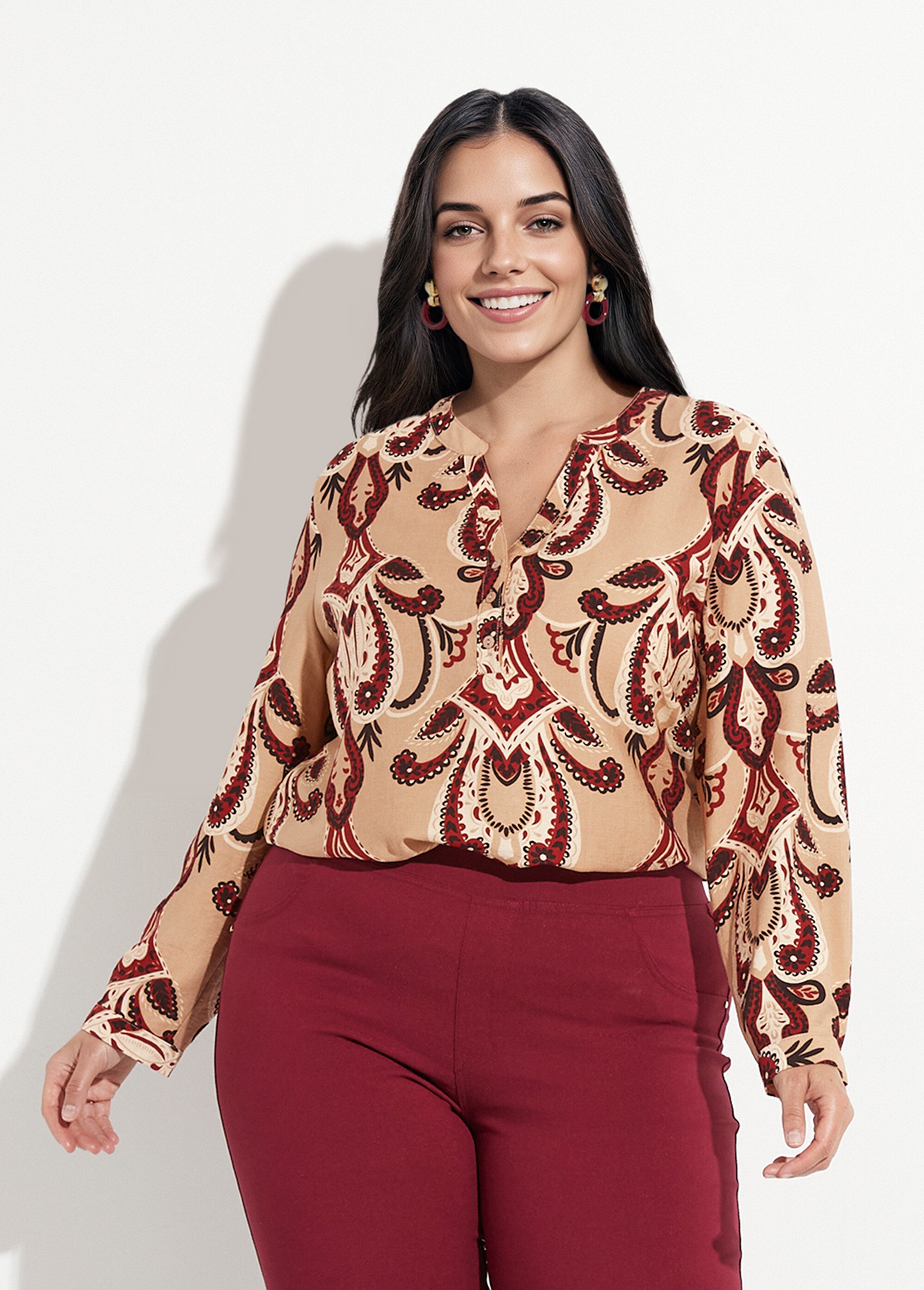 Blouse col V boutonné imprimé acanthes Femme Grande Taille Beige CHY-F614 FA1
