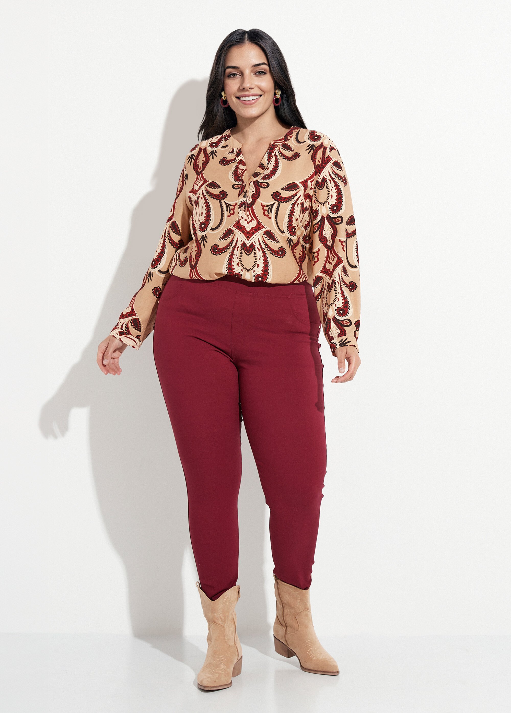 Blouse col V boutonné imprimé acanthes Femme Grande Taille Beige CHY-F614 SF1