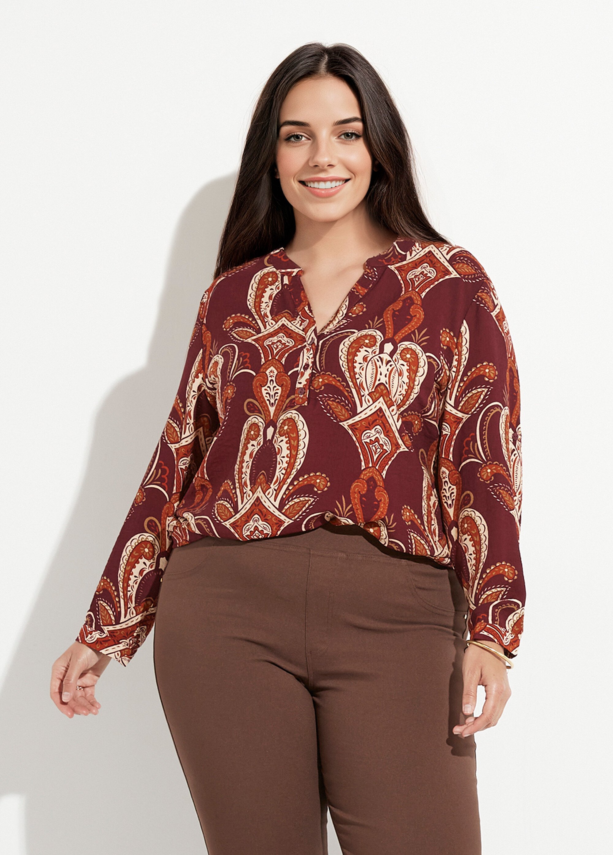 Blouse col V boutonné imprimé acanthes Femme Grande Taille Rouge CHY-F614 FA1