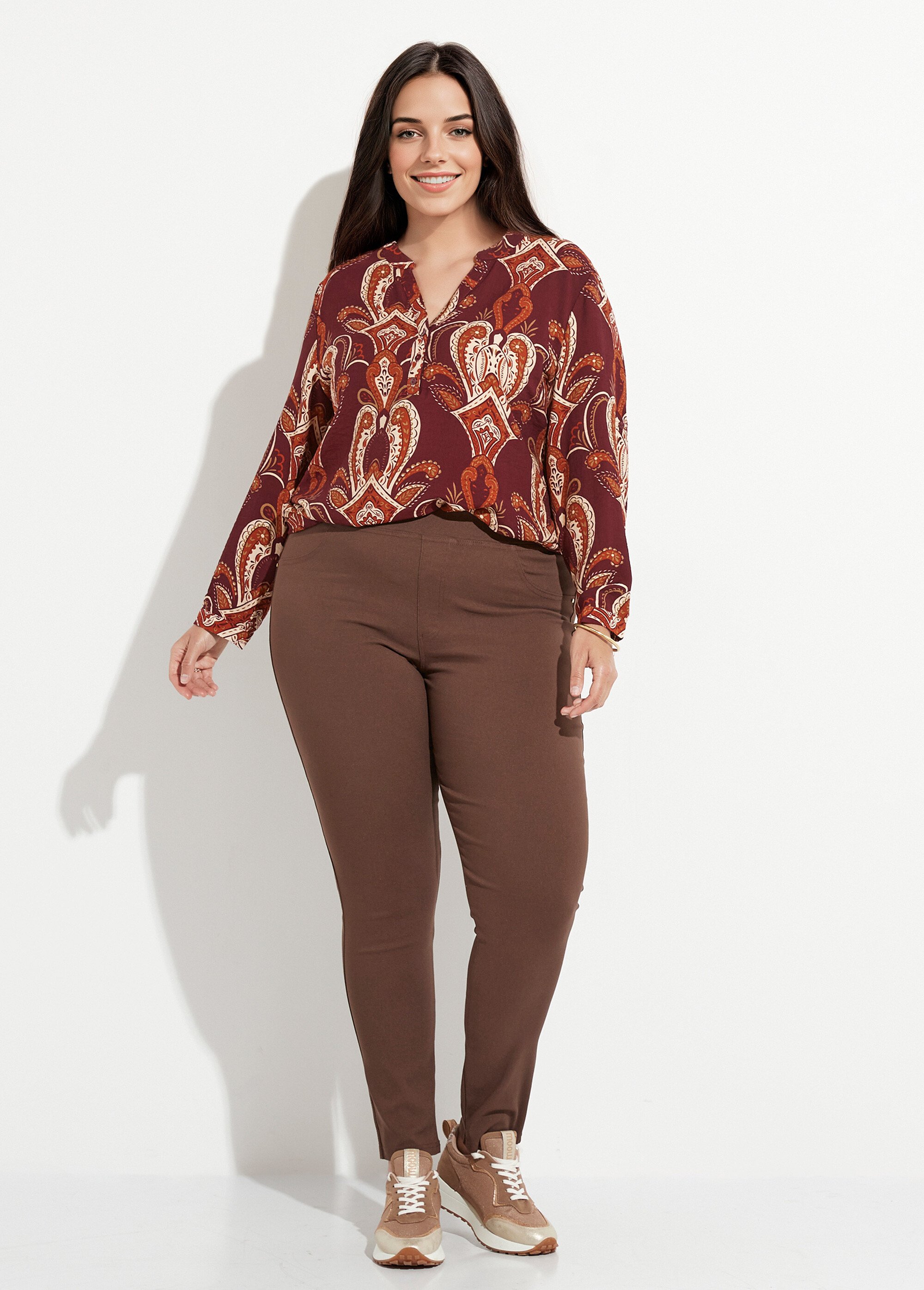 Blouse col V boutonné imprimé acanthes Femme Grande Taille Rouge CHY-F614 SF1