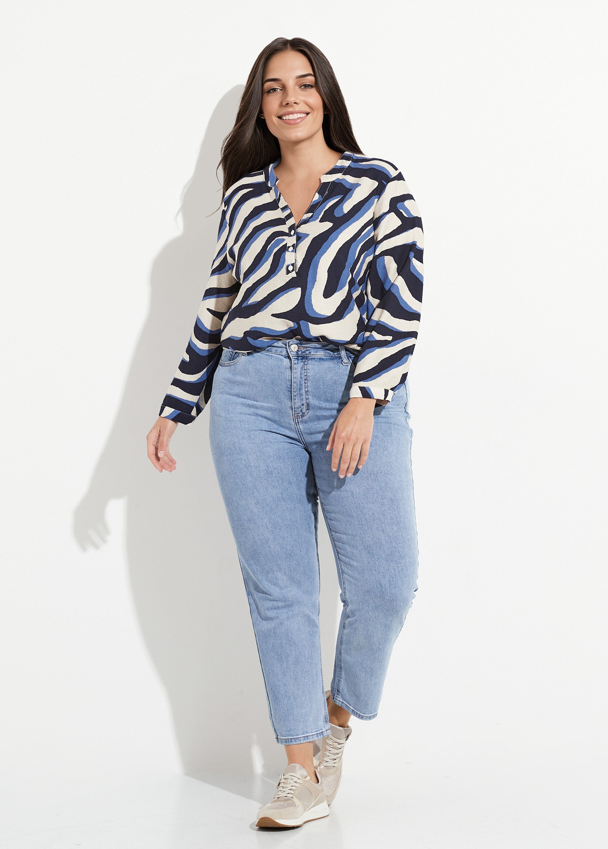 Blouse col V boutonné motif abstrait Femme Grande Taille Bleu CHY-F618 SF1