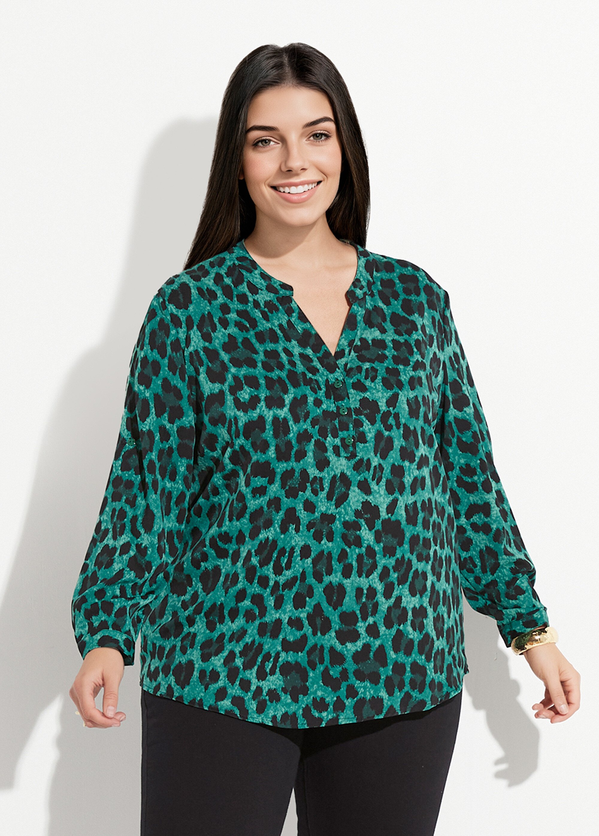 Blouse col V boutonné motif léopard Femme Grande Taille Vert CHY-F407 FA1
