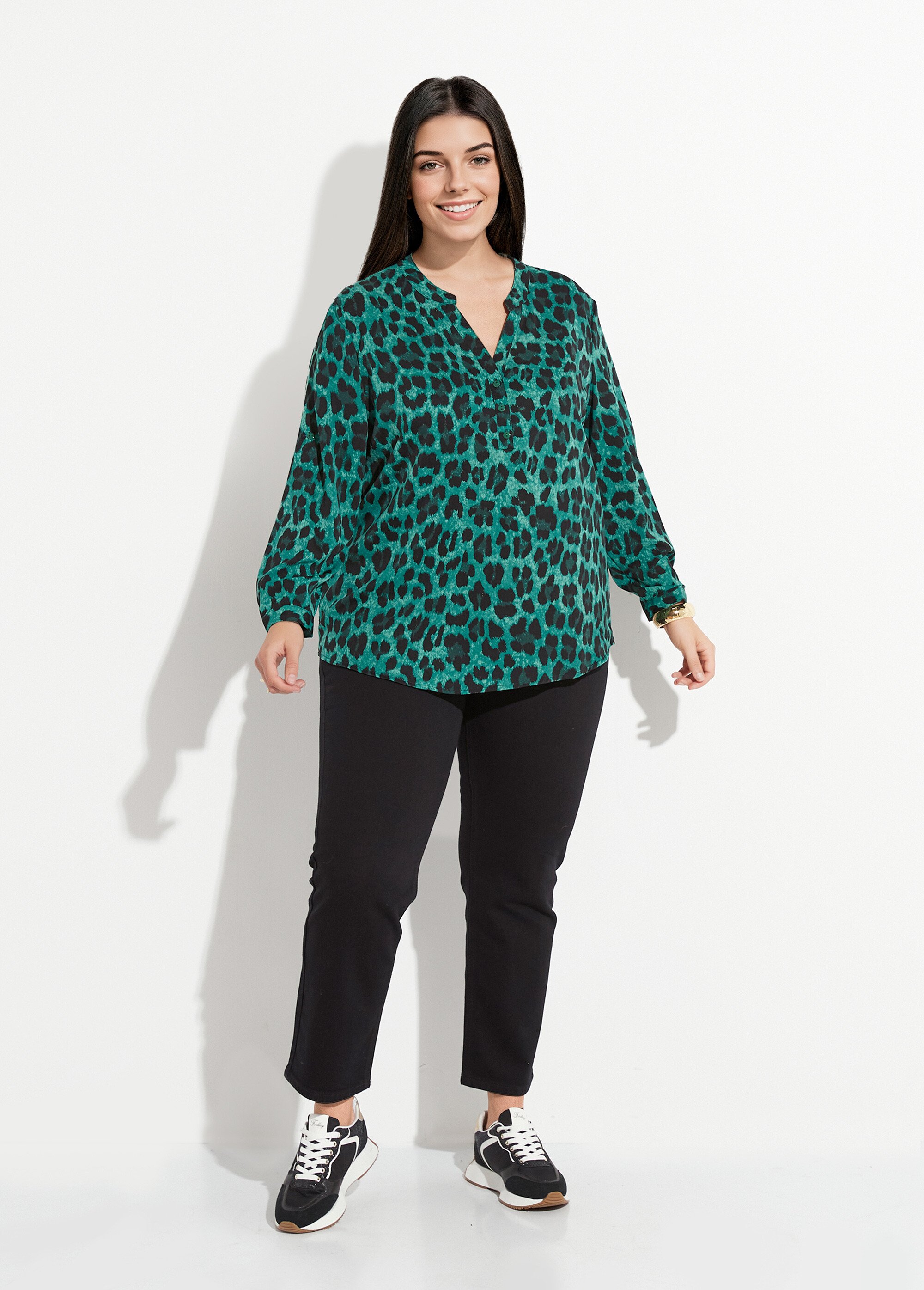 Blouse col V boutonné motif léopard Femme Grande Taille Vert CHY-F407 SF1