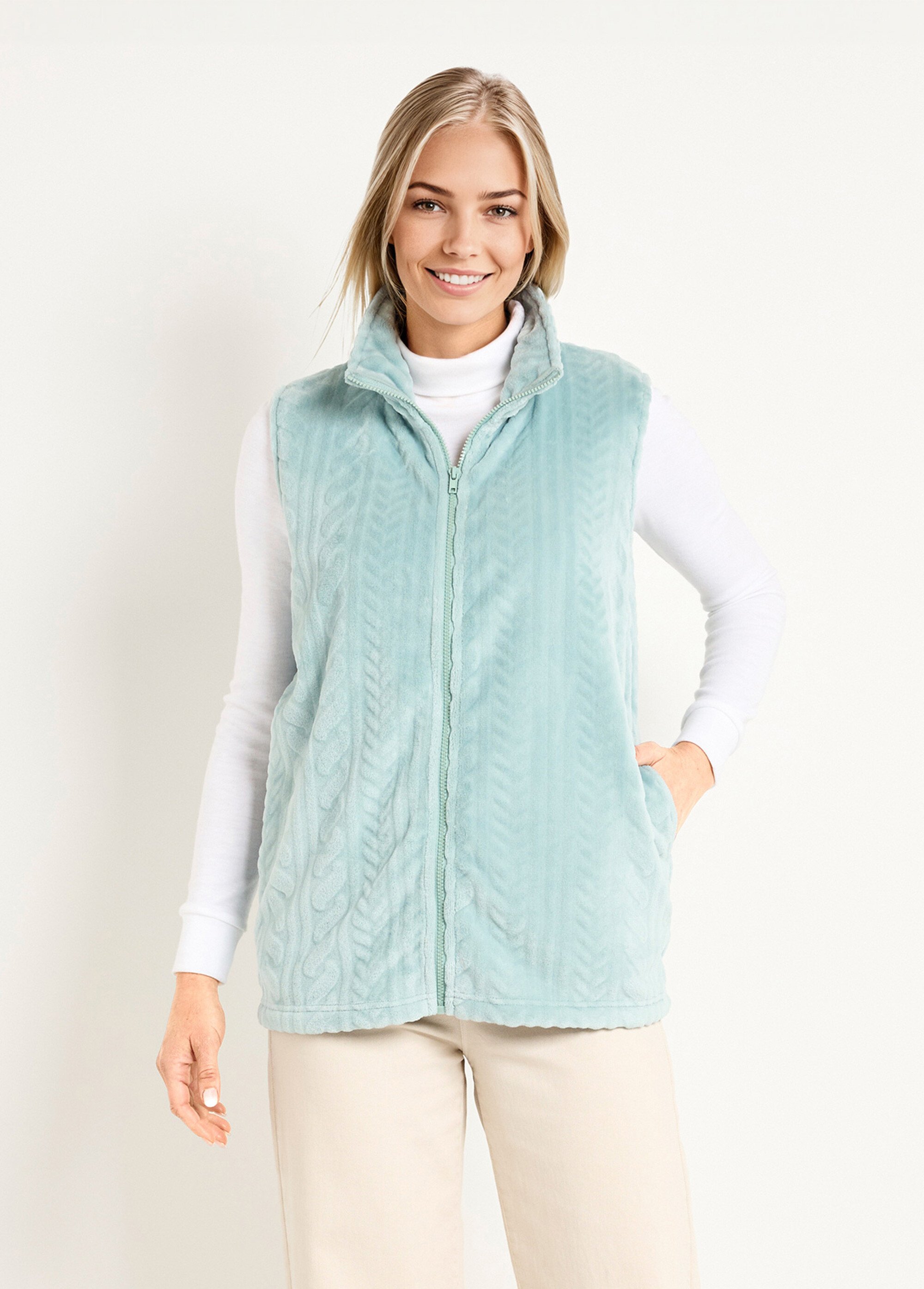 Gilet sans manches zippé polaire toucher peluche Femme Vert SANTIANO FA1