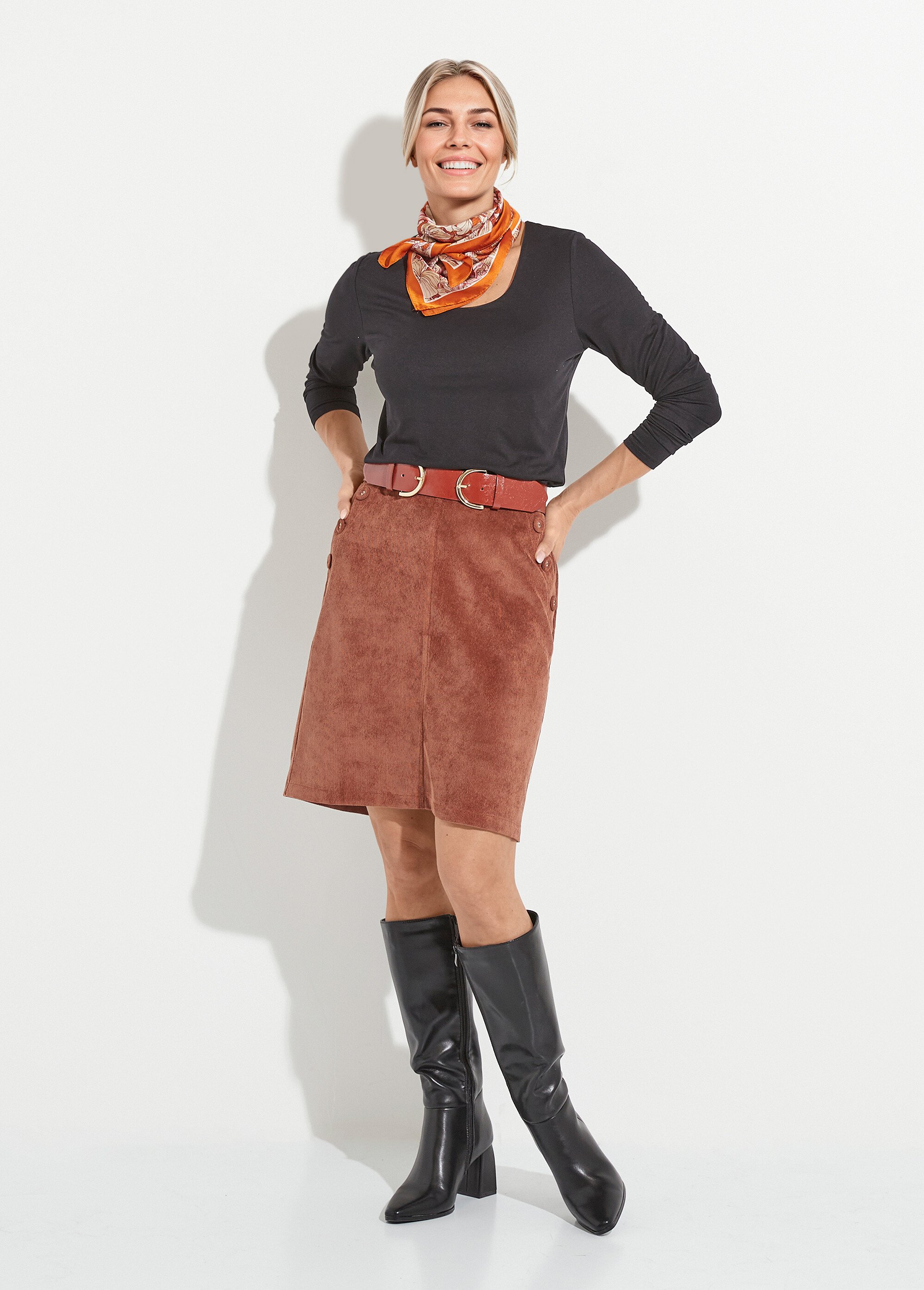 Jupe courte droite velours milleraies ceinture semi-élastiquée Femme Marron LUCIA MV1