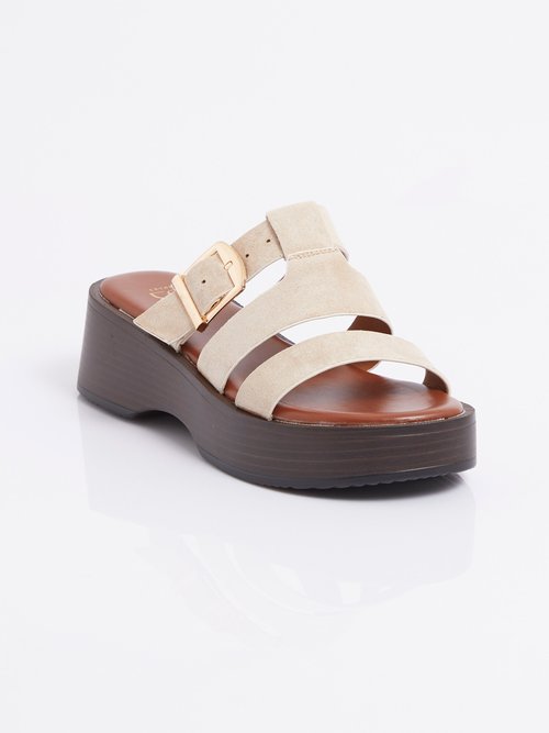 Mules plateforme 3 brides suédine Femme Beige ERY903-622 FA1