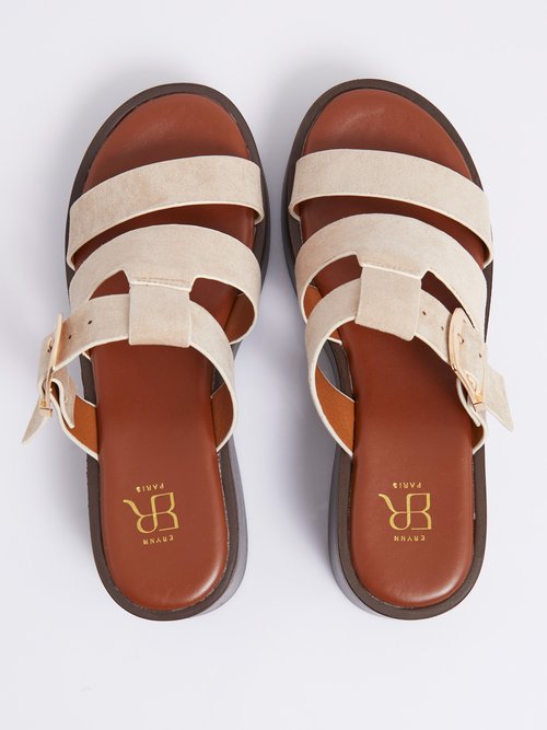 Mules plateforme 3 brides suédine Femme Beige ERY903-622 OV1