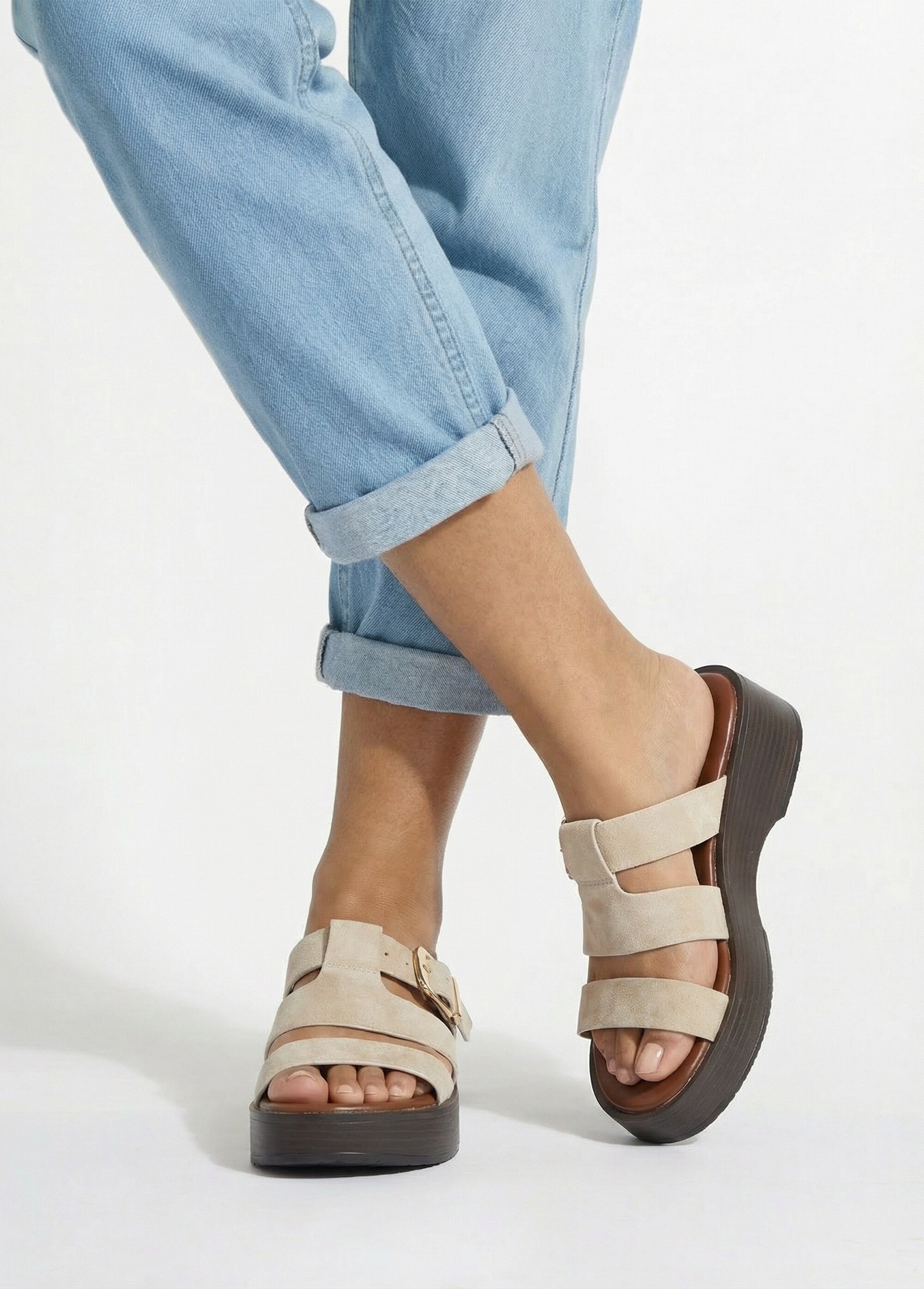 Mules plateforme 3 brides suédine Femme Beige ERY903-622 SI1