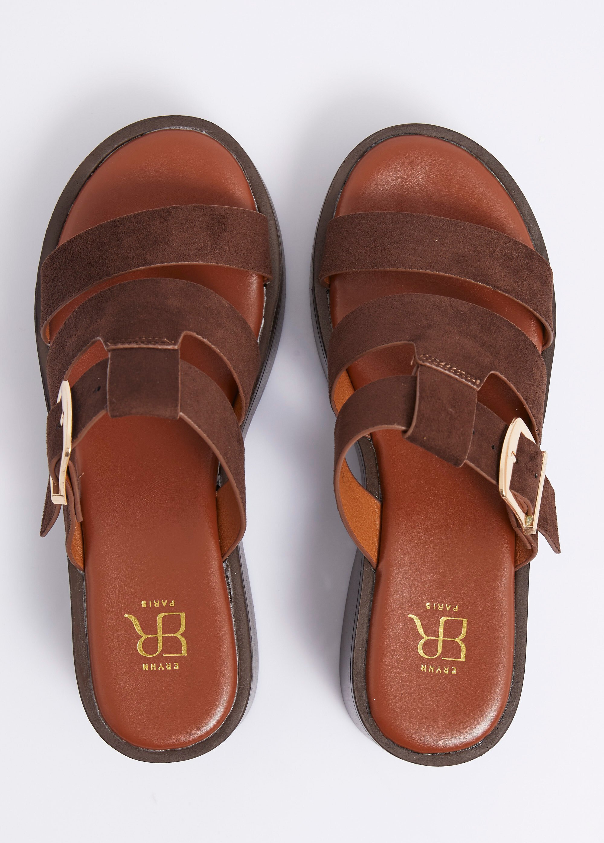 Mules plateforme 3 brides suédine Femme Marron ERY903-622 OV1