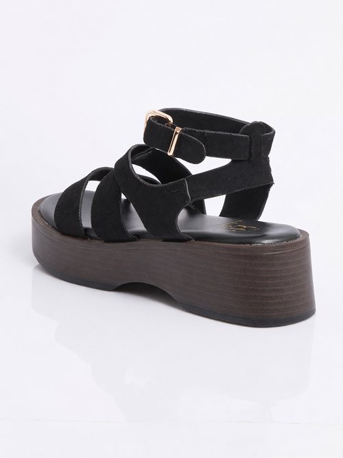 Mules plateforme brides croisées suédine Femme Noir ERY903-621 DO1