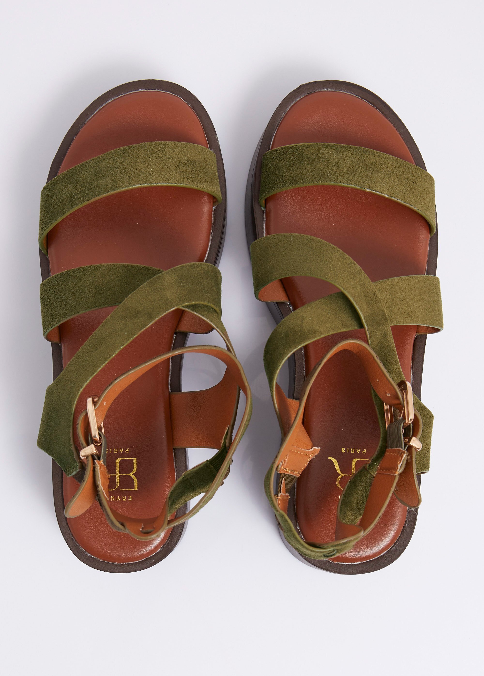 Mules plateforme brides croisées suédine Femme Vert ERY903-621 OV1