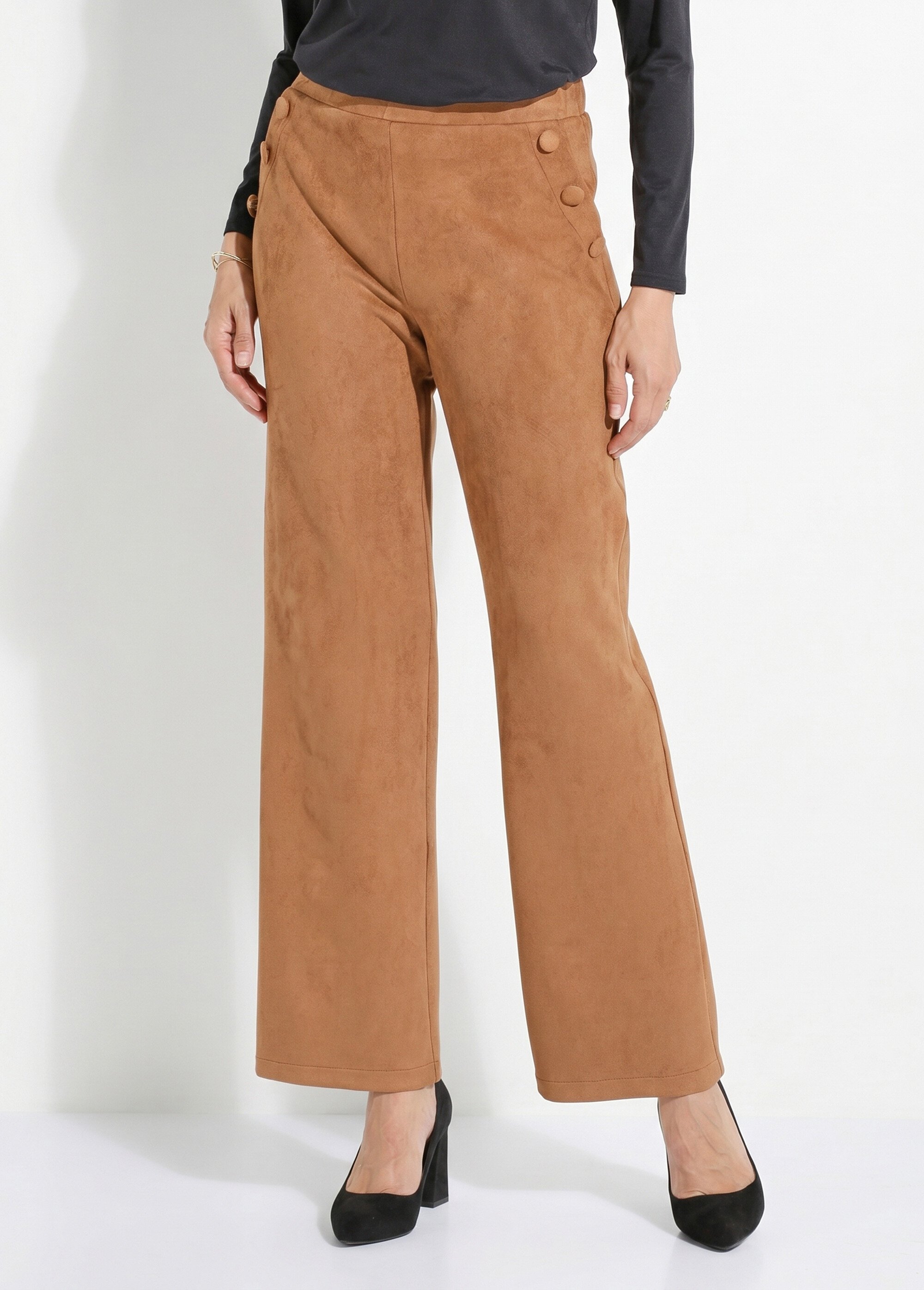 Pantalon droit ceinture élastiquée tissu suédé Femme Marron NICE FA1