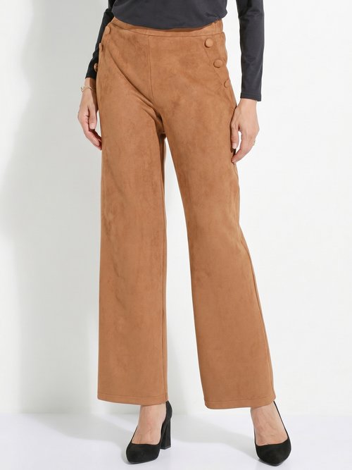 Pantalon droit ceinture élastiquée tissu suédé Femme Marron NICE FA1