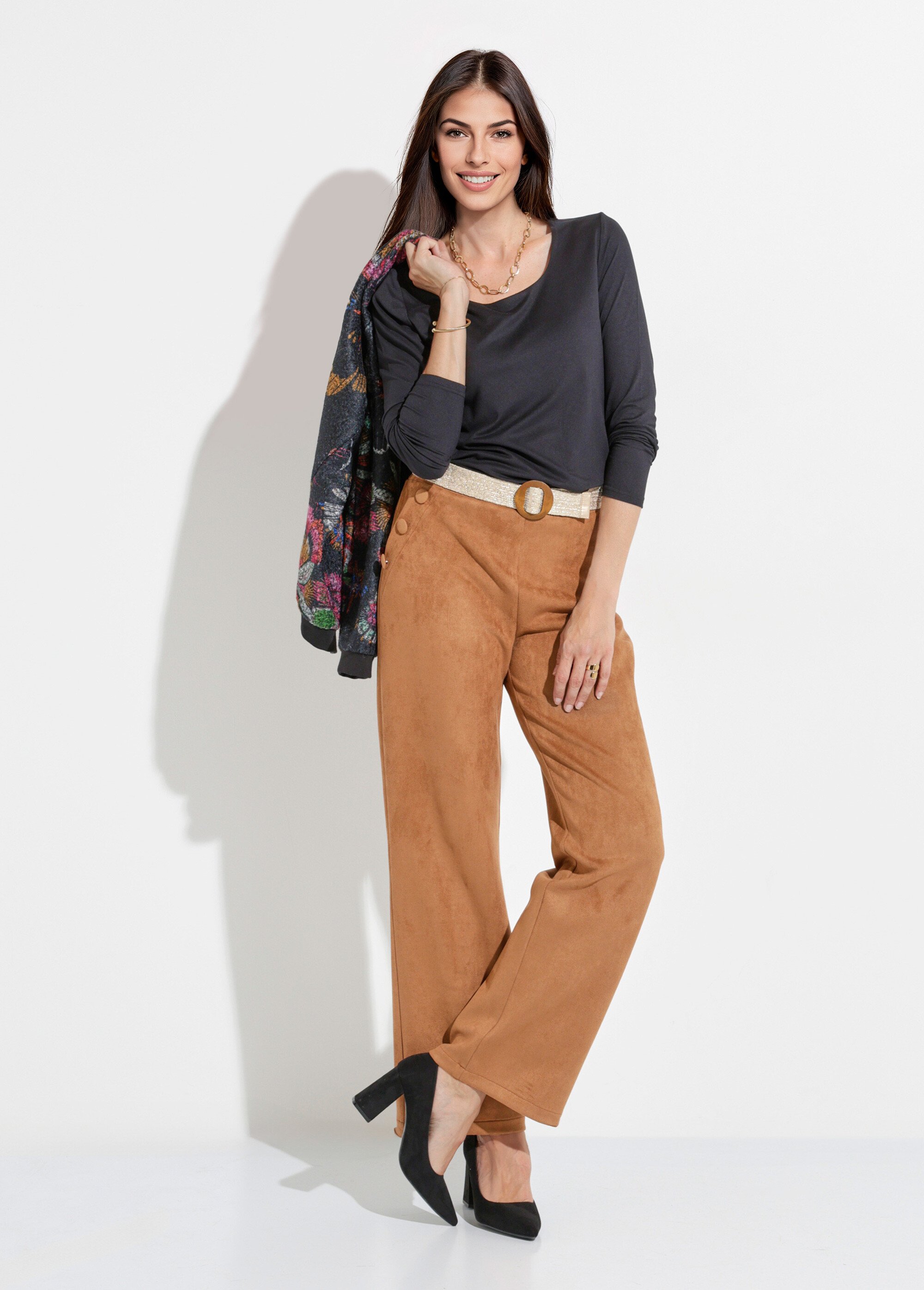 Pantalon droit ceinture élastiquée tissu suédé