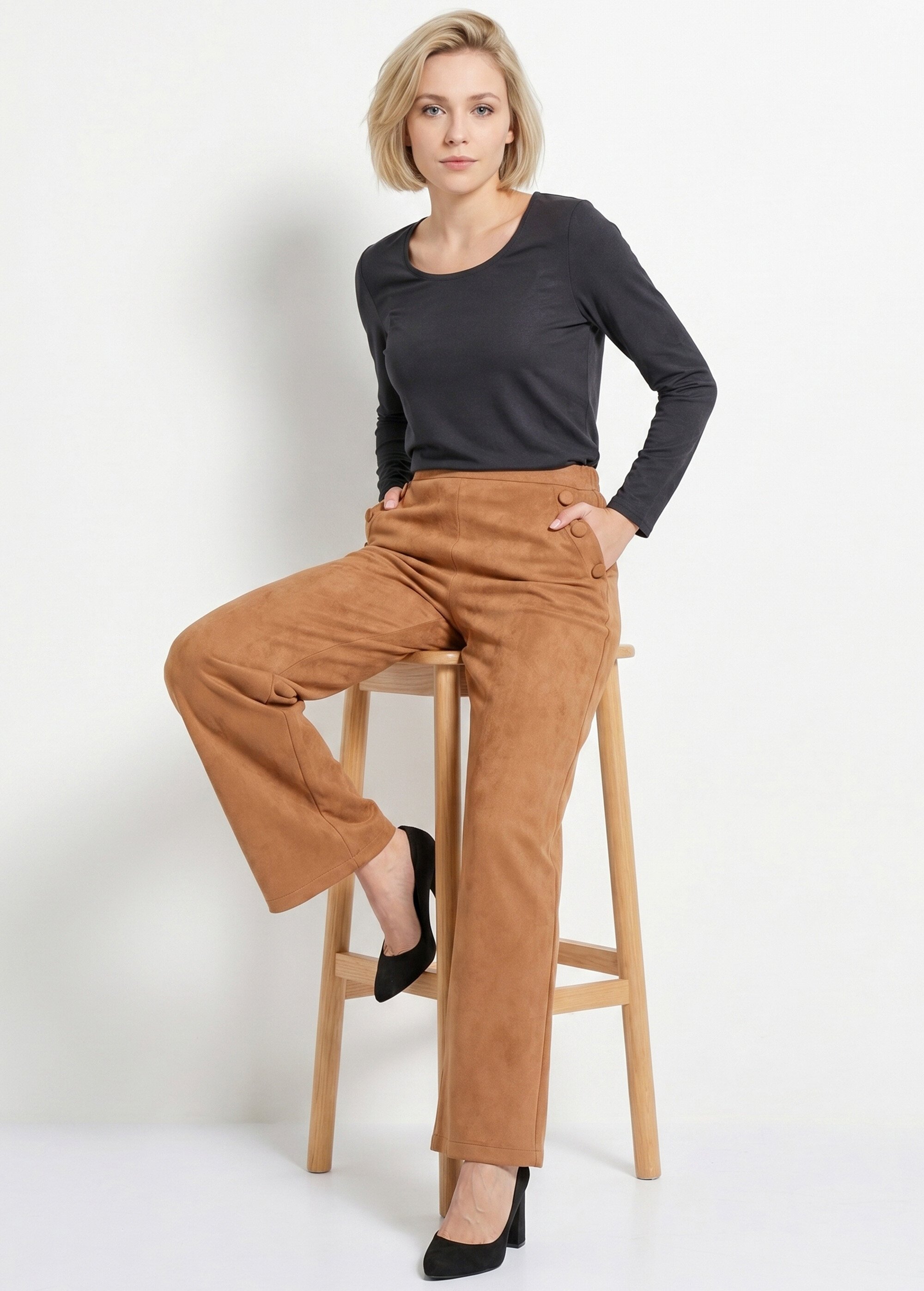 Pantalon droit ceinture élastiquée tissu suédé