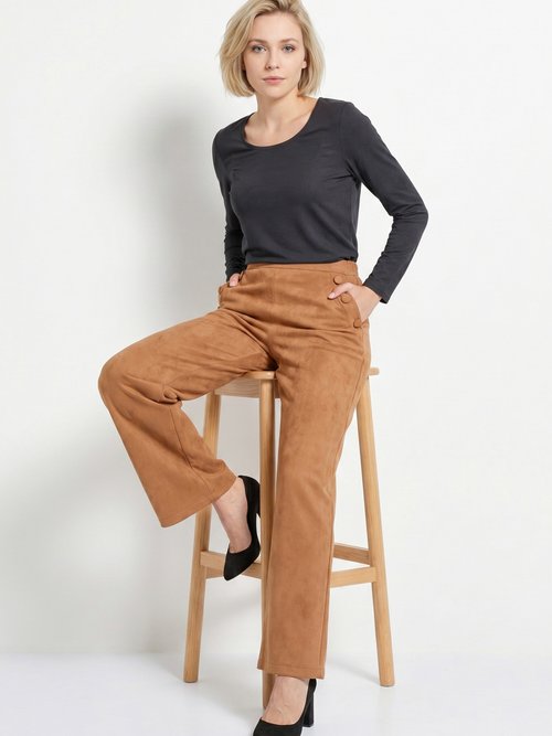 Pantalon droit ceinture élastiquée tissu suédé Femme Marron NICE MV1