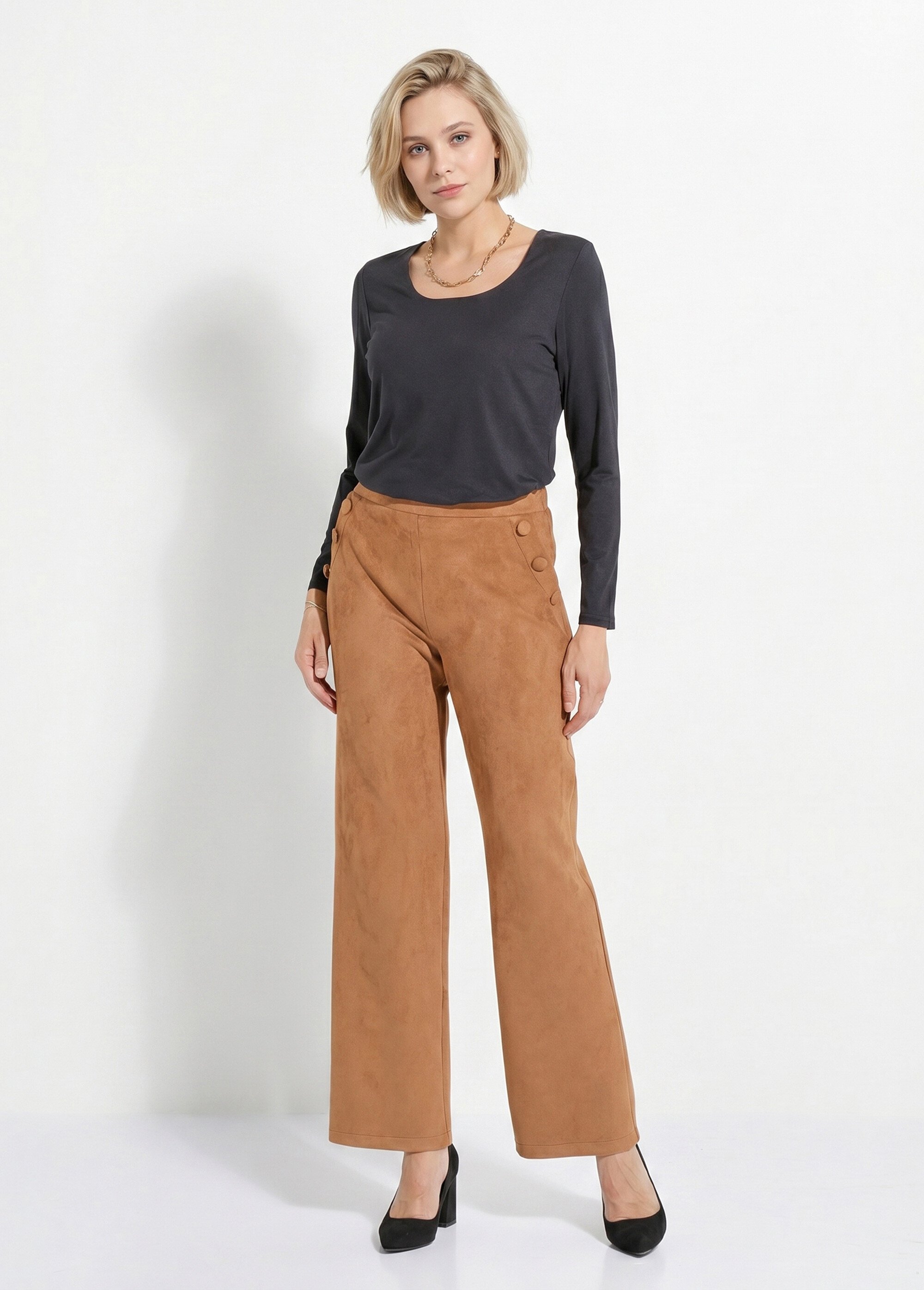 Pantalon droit ceinture élastiquée tissu suédé Femme Marron NICE SI1