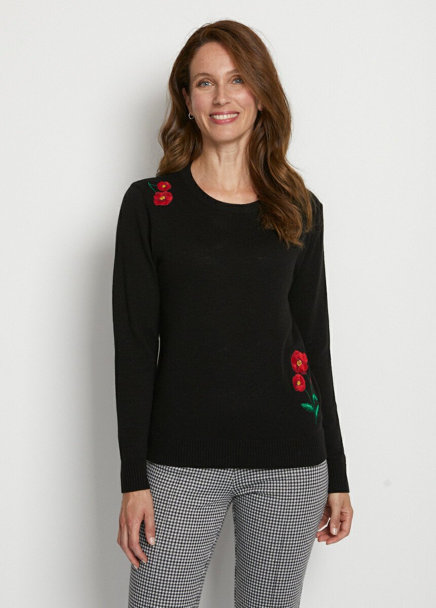 Pull fleurs brodées col rond
