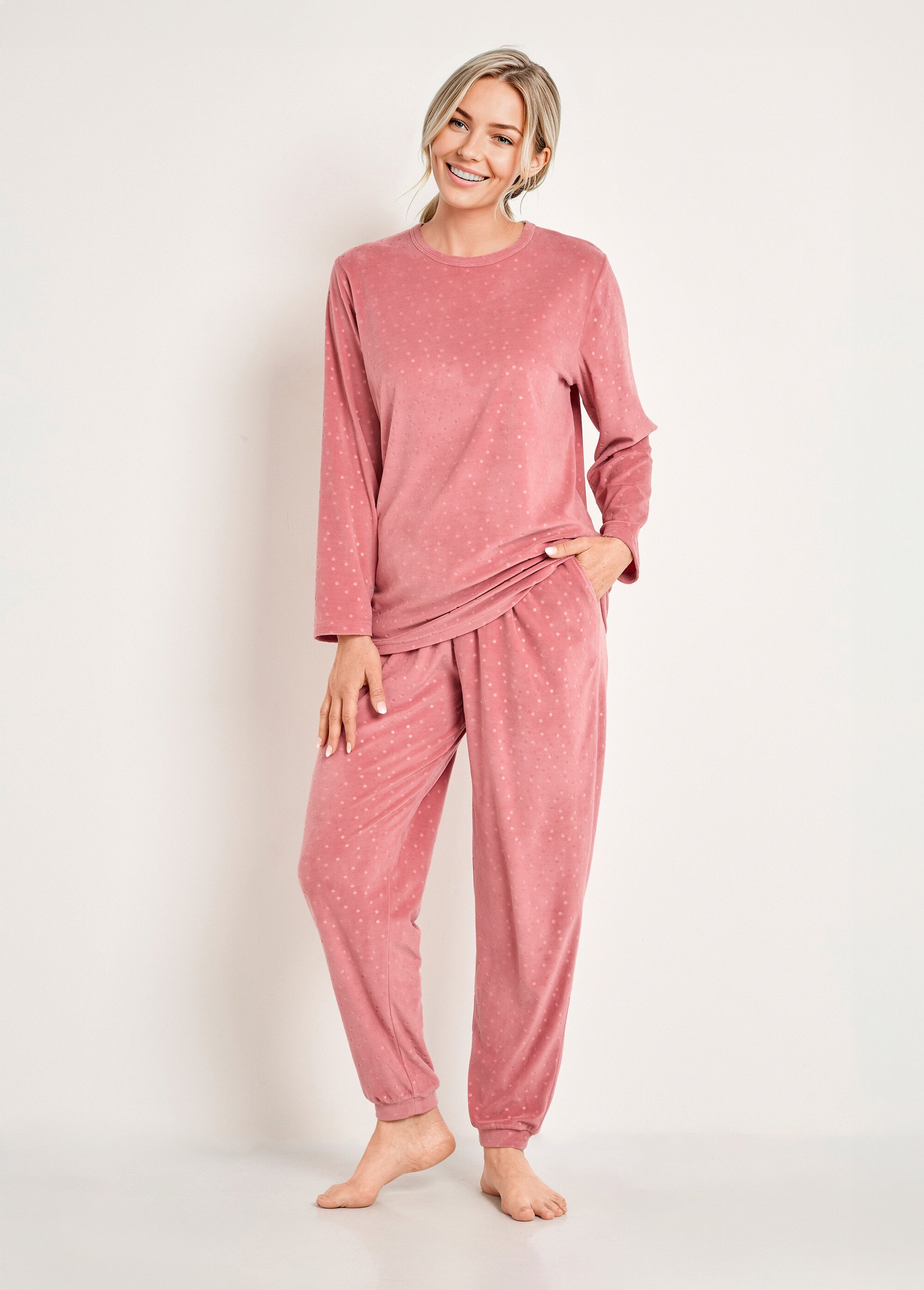 Pyjama pantalon col rond velours embossé pois Femme Rose SIBANI FA1
