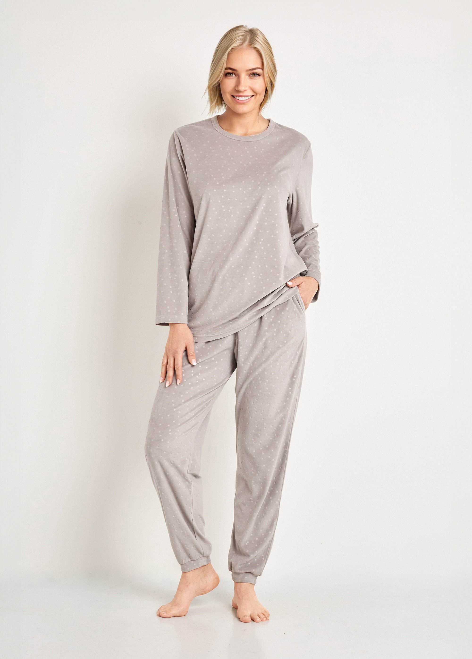 Pyjama pantalon col rond velours embossé pois Femme Gris SIBANI FA1