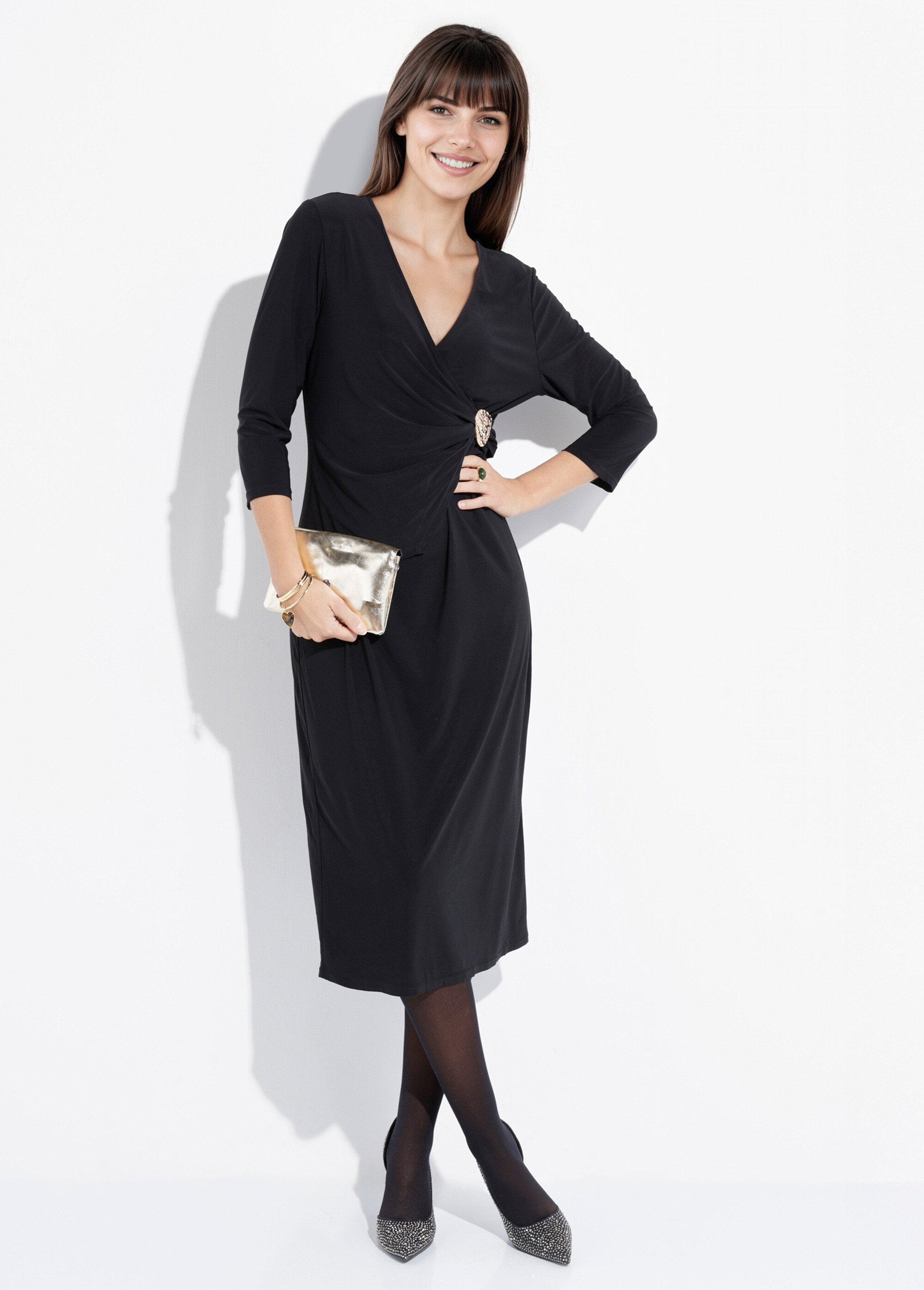 Robe longue chic taille plissée bijou Femme Noir FI-AMBRE MV1