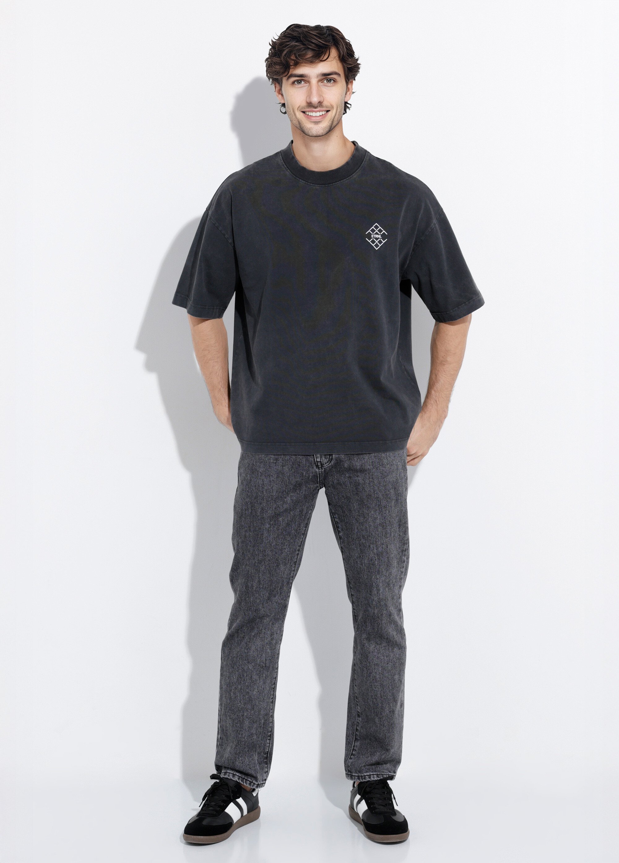 T-shirt délavé motif poitrine et dos Homme Noir MENBC1168R SF1