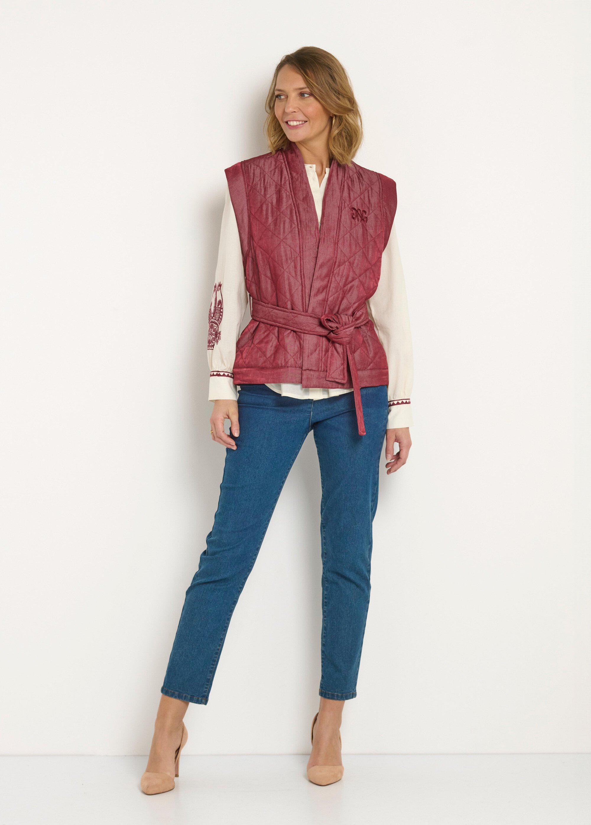 Gilet court col V boutons contrastés - Rouge - Femme - 0.00