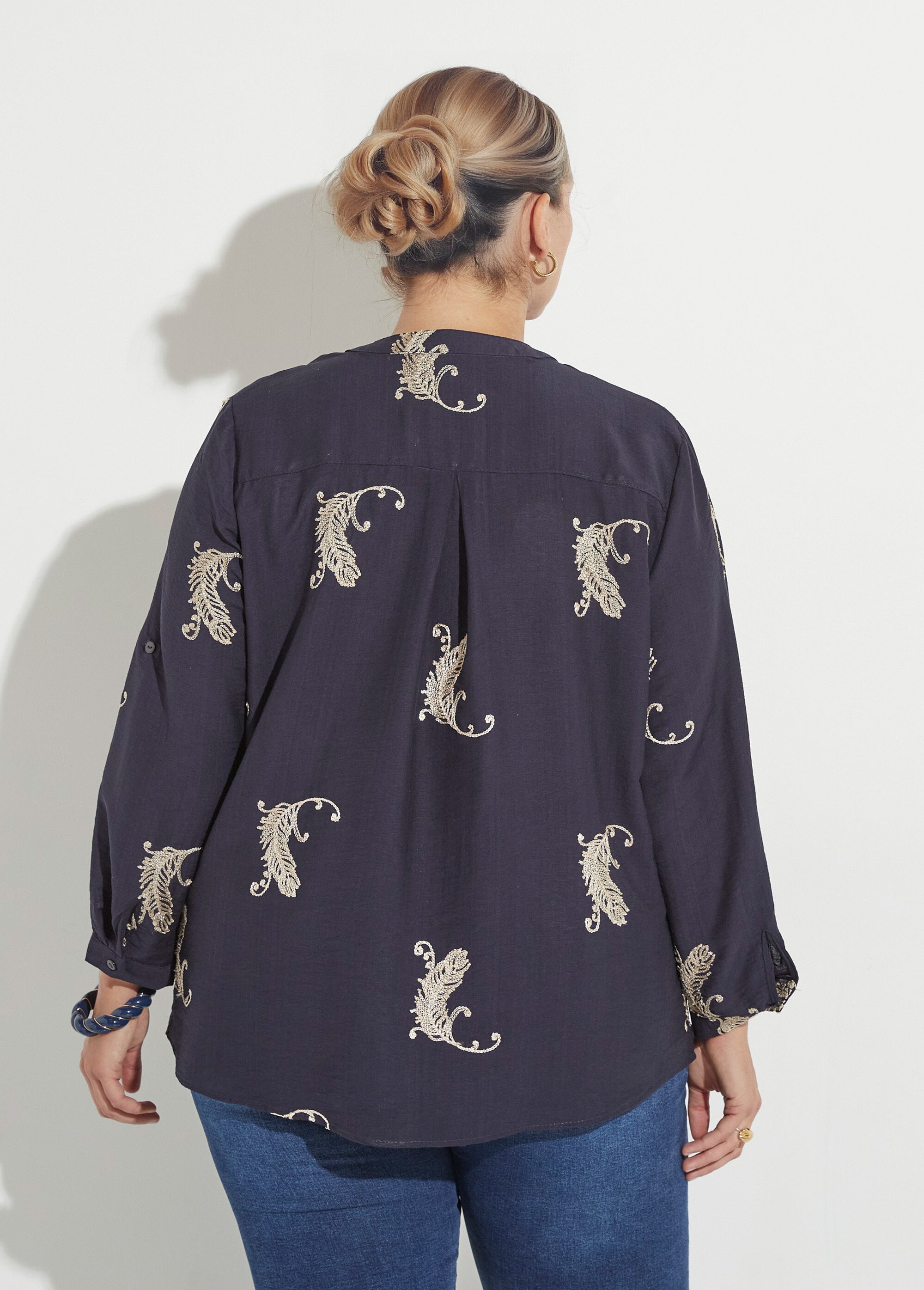 Blouse col V et broderies métallisées Femme Grande Taille Bleu CHY-F574 DO1