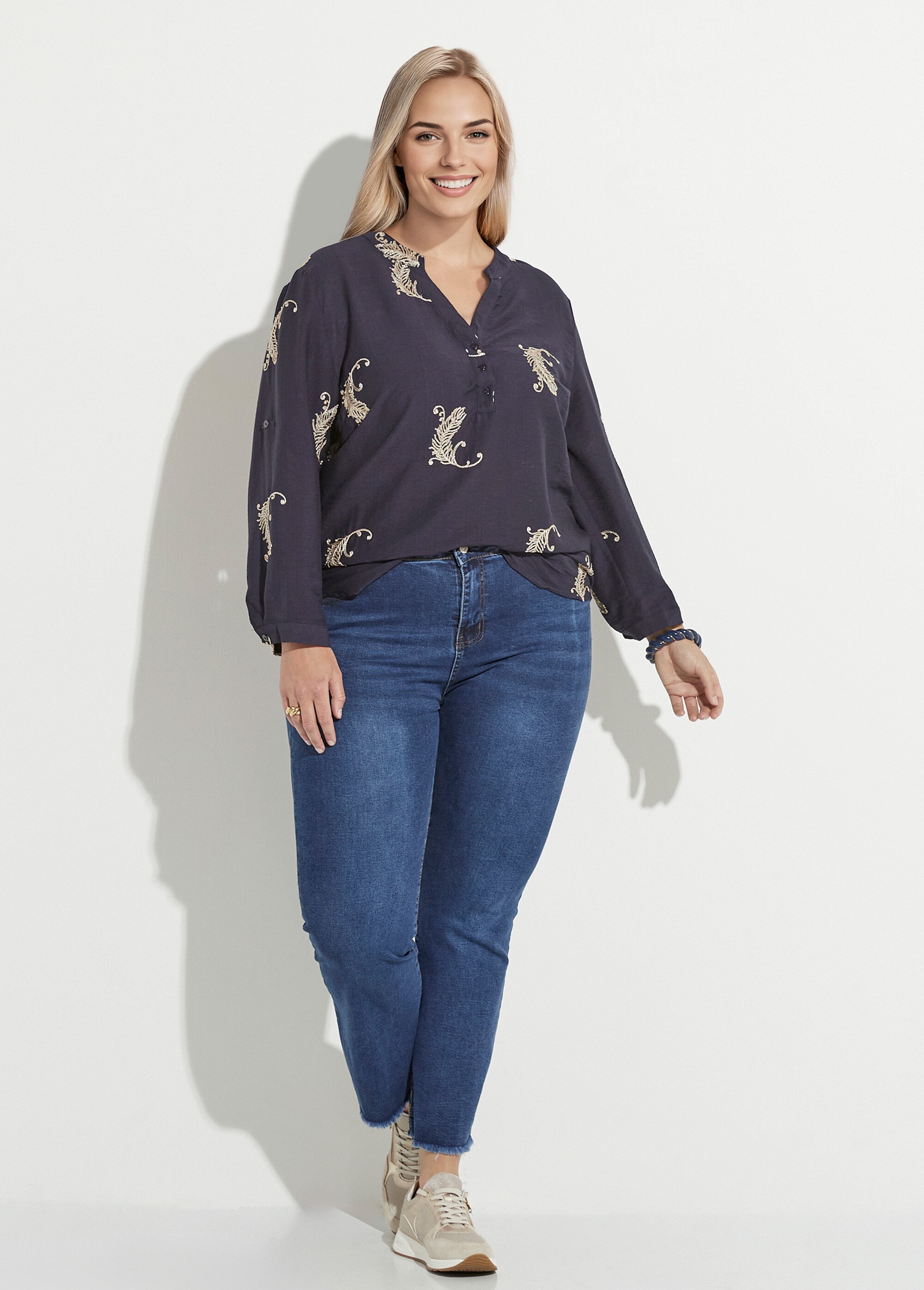 Blouse col V et broderies métallisées Femme Grande Taille Bleu CHY-F574 SF1