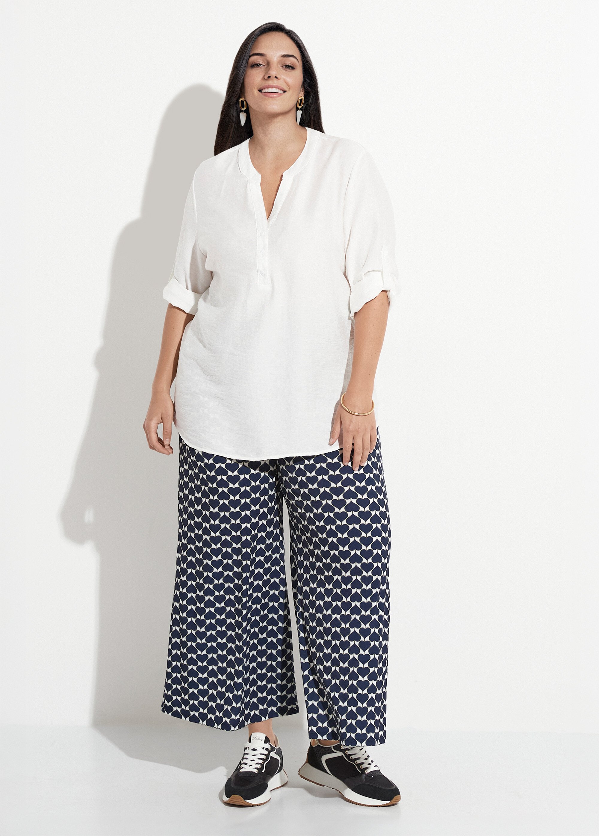 Blouse col V unie à manches longues Femme Grande Taille Blanc CHY-F568 SF1