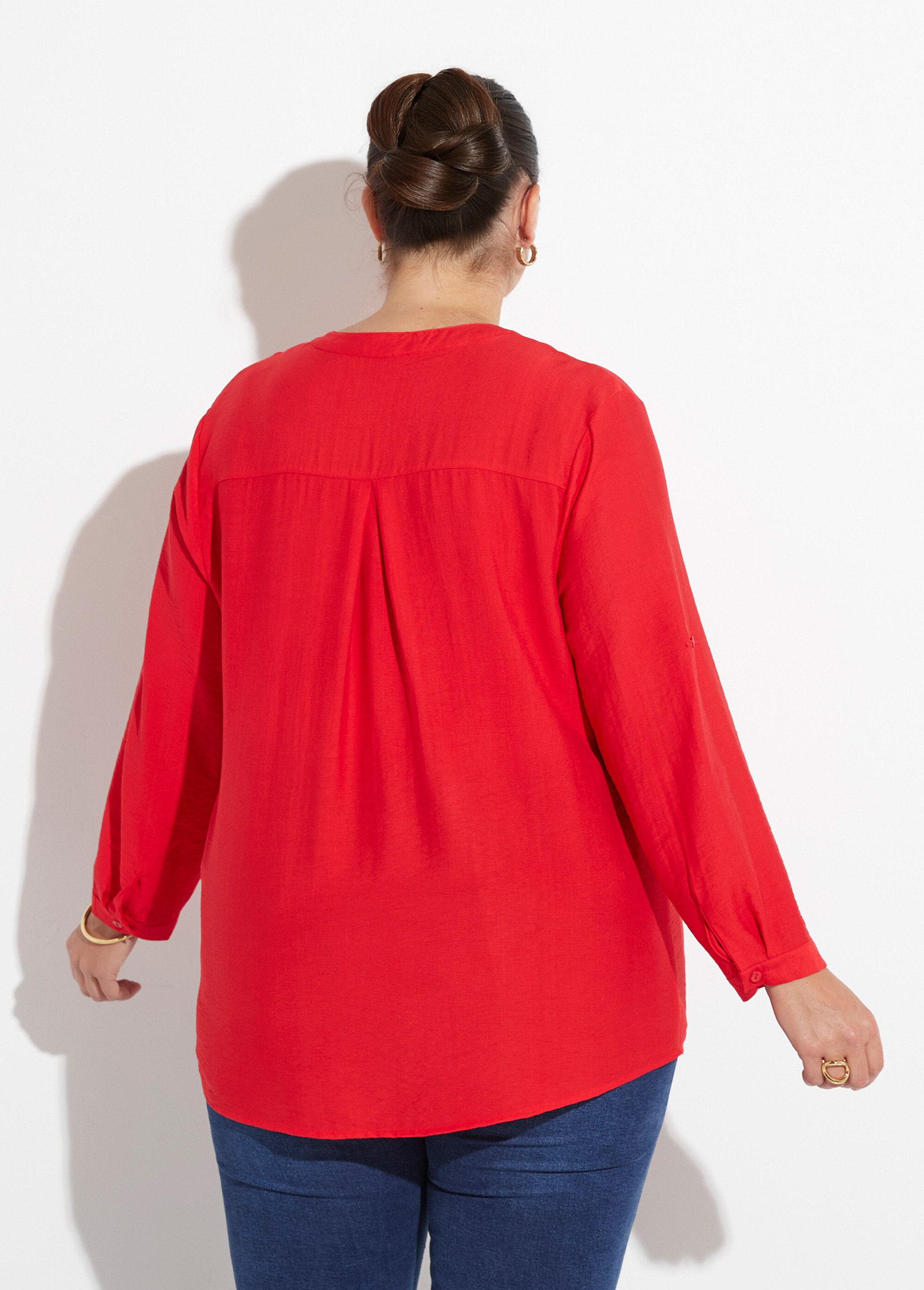 Blouse col V unie à manches longues Femme Grande Taille Rouge CHY-F568 DO1