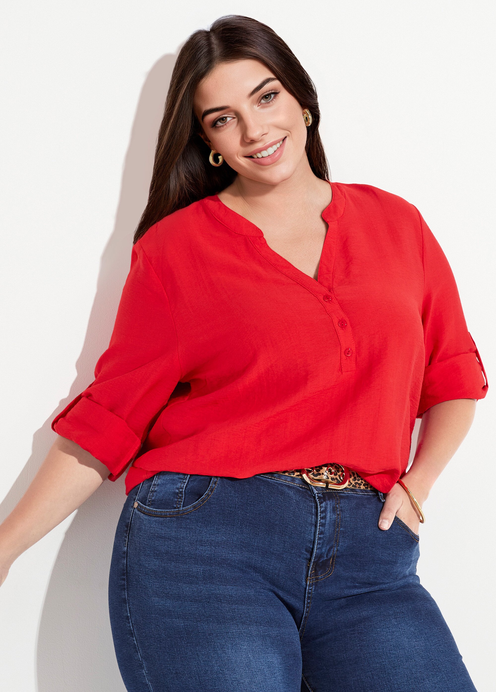 Blouse col V unie à manches longues Femme Grande Taille Rouge CHY-F568 MV1