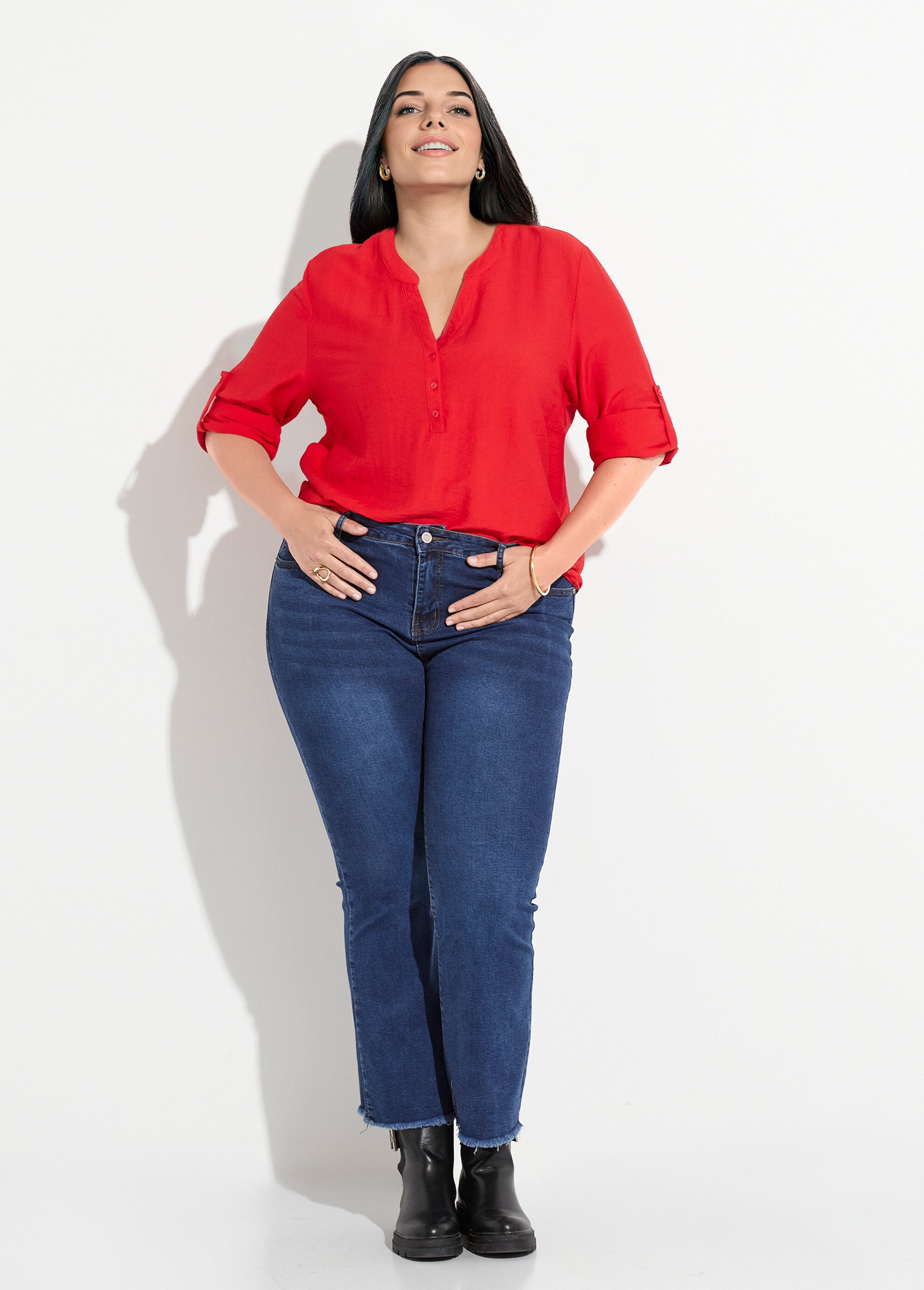 Blouse col V unie à manches longues Femme Grande Taille Rouge CHY-F568 SF1