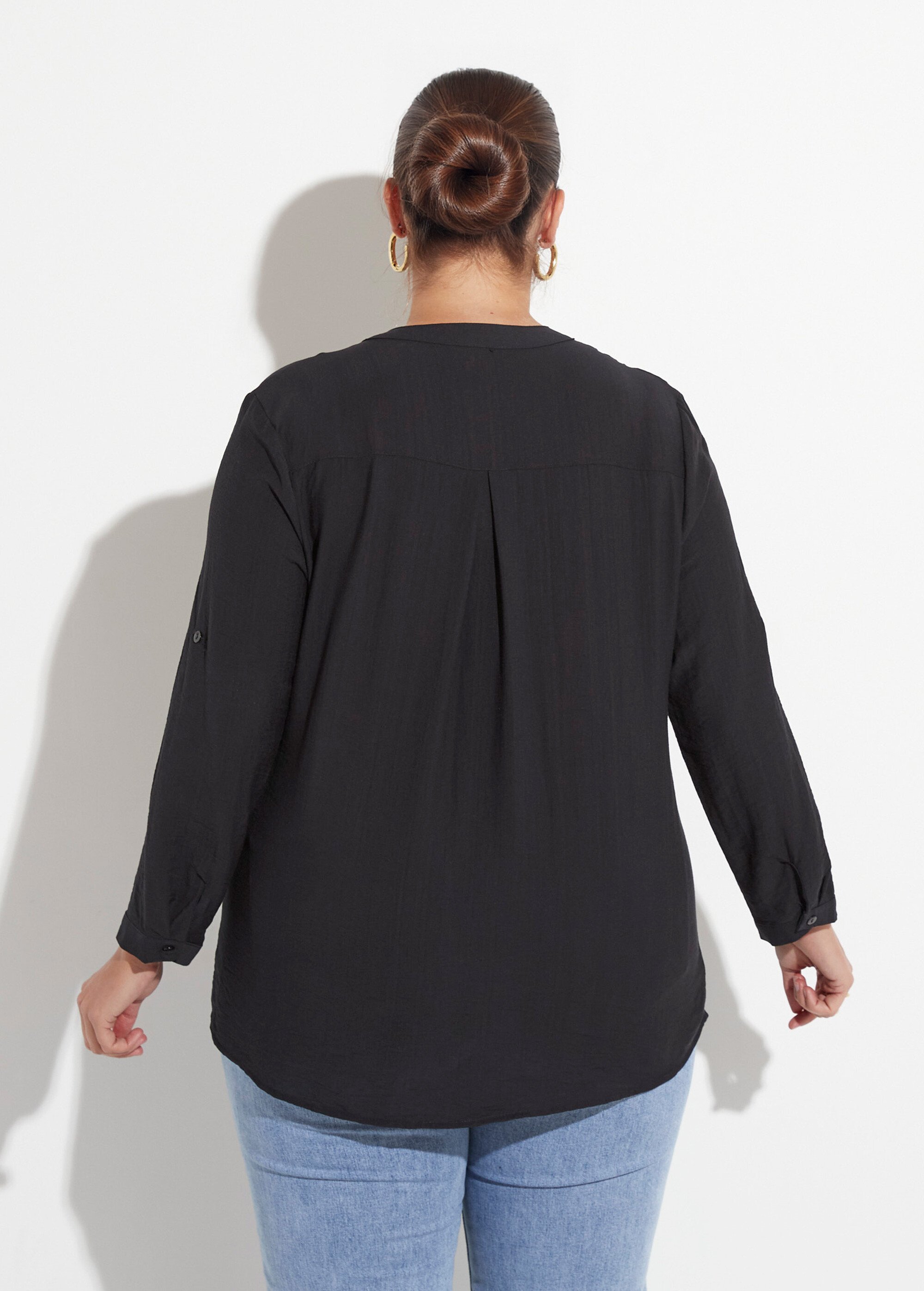 Blouse col V unie à manches longues Femme Grande Taille Noir CHY-F568 DO1