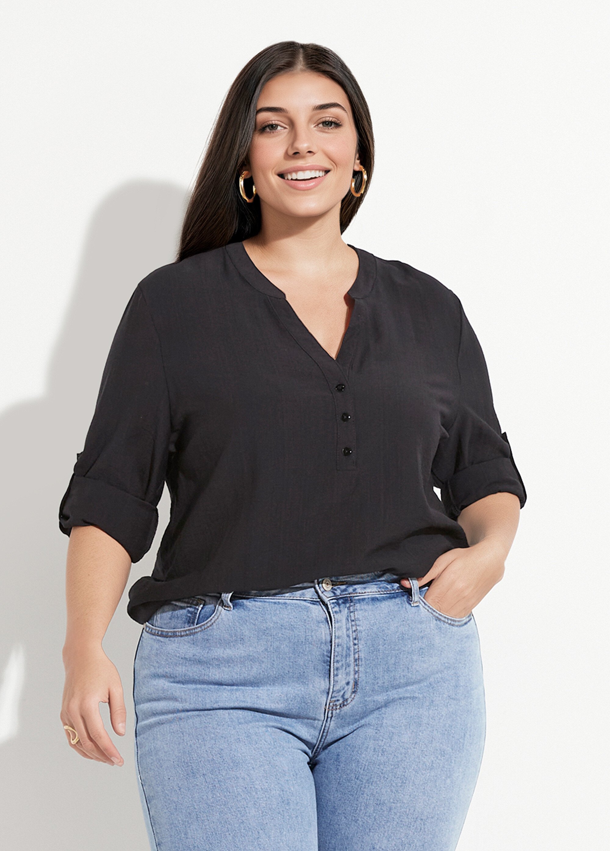 Blouse col V unie à manches longues Femme Grande Taille Noir CHY-F568 FA1