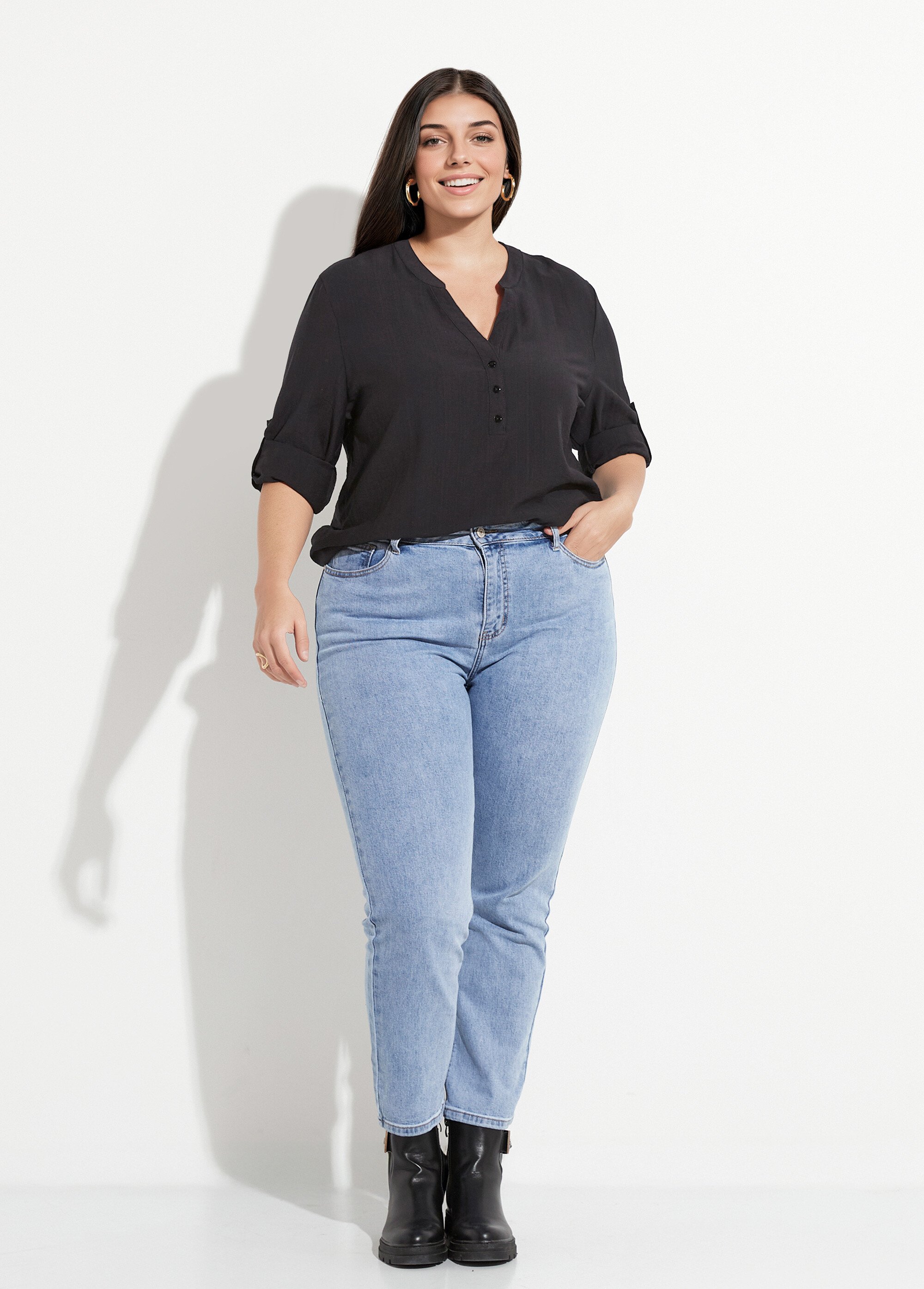 Blouse col V unie à manches longues Femme Grande Taille Noir CHY-F568 SF1