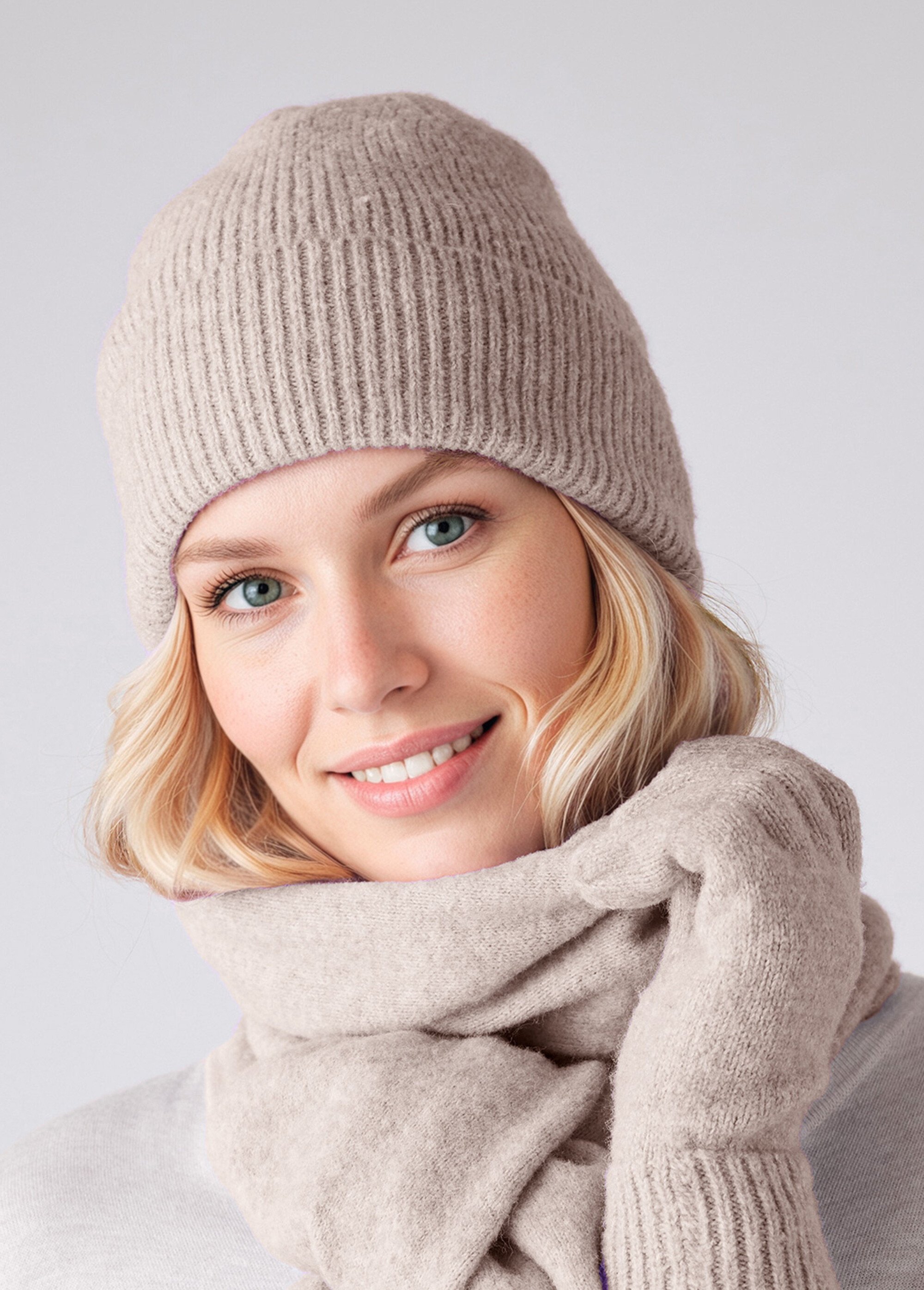 Bonnet chaud maille côtelée avec laine Femme BEIGE CHINE URANIE MV1