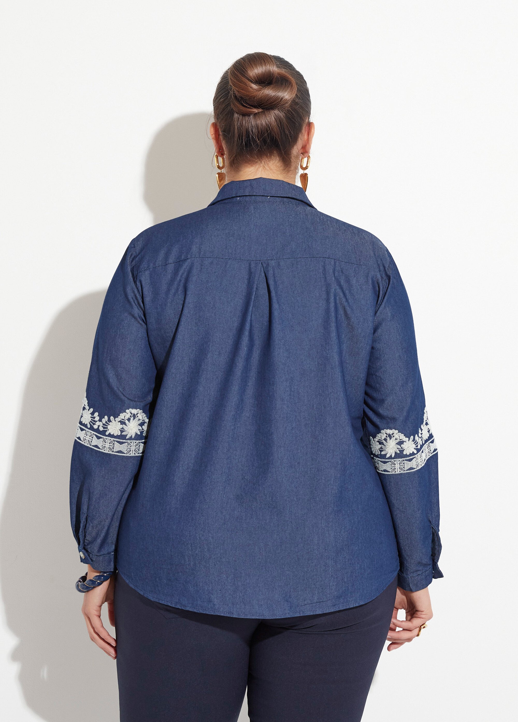 Chemisier denim broderies contrastantes Femme Grande Taille Bleu CHY-K009 DO1