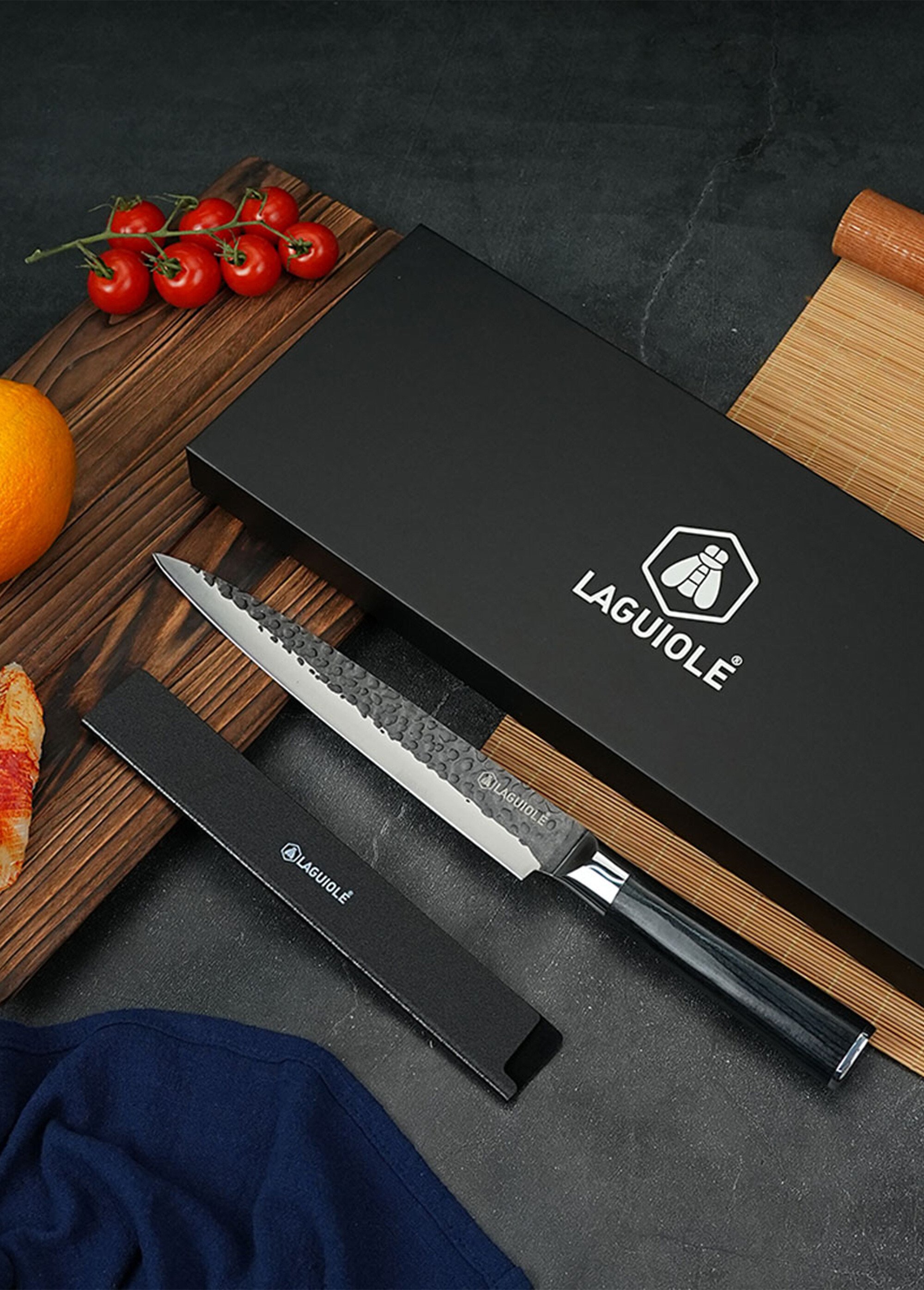 Couteau à trancher lame martelée + étui, Sen Noir 9171530 SI1