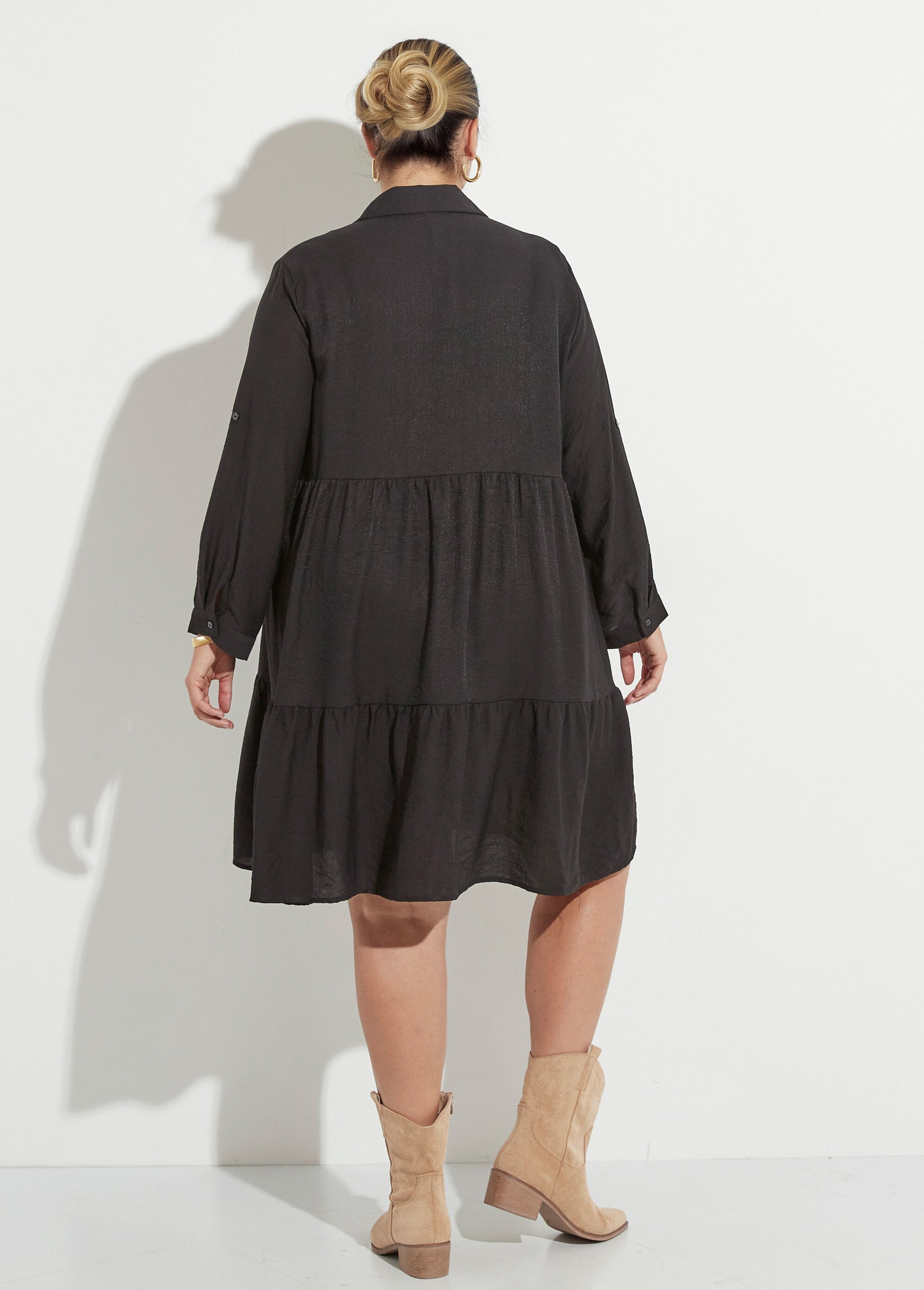 Robe chemisier volantée, inspiration folk Femme Grande Taille Noir CHY-R543-2 DO1