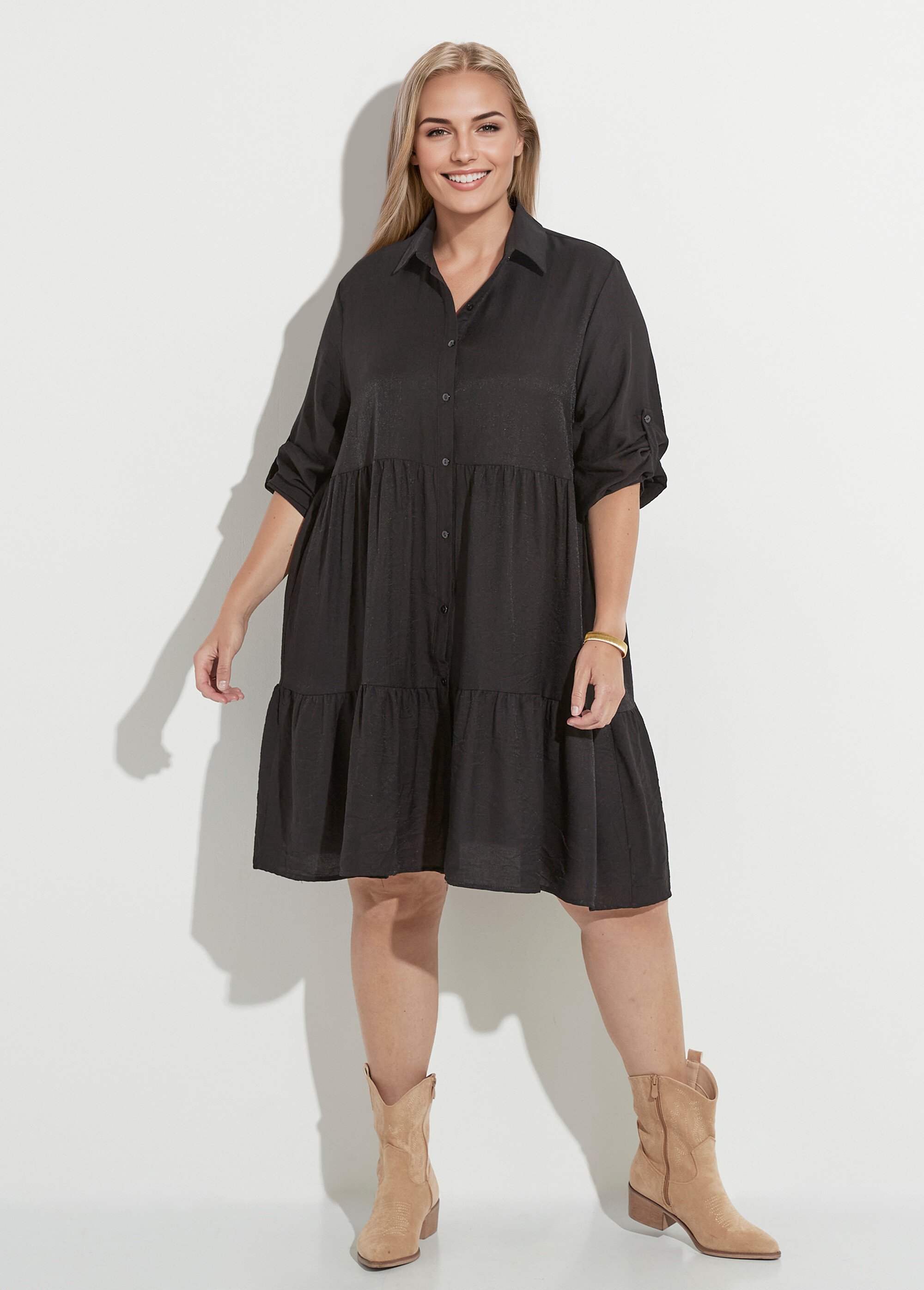 Robe chemisier volantée, inspiration folk Femme Grande Taille Noir CHY-R543-2 FA1