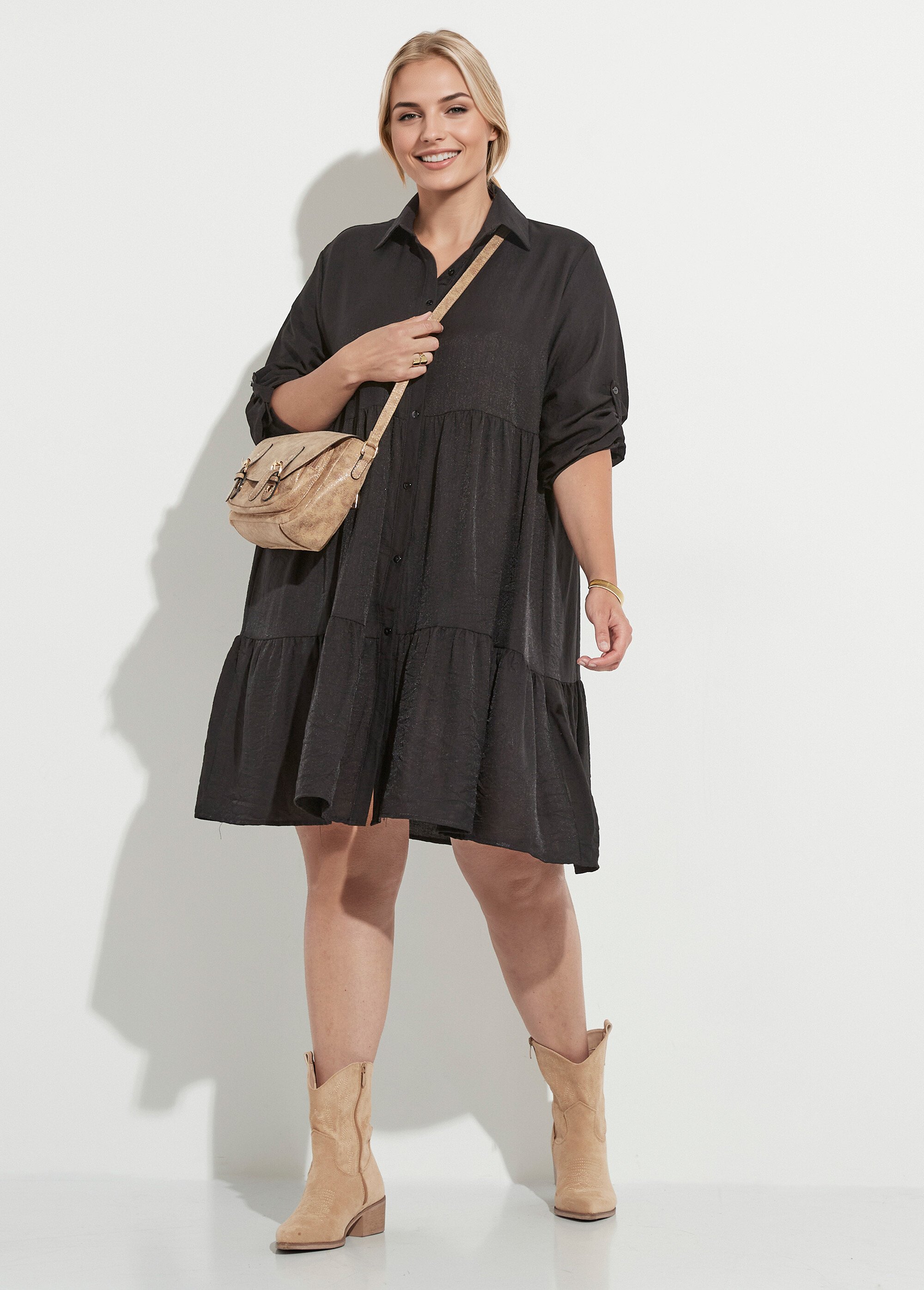 Robe chemisier volantée, inspiration folk Femme Grande Taille Noir CHY-R543-2 MV1